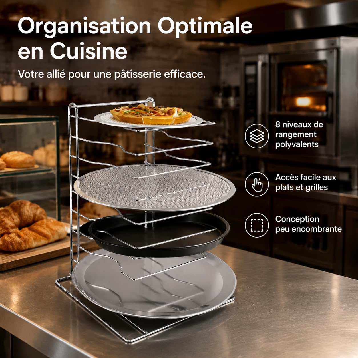 Support pizza rectangulaire, grille de rangement pour plaques à pizza, râtelier de comptoir en fer plaqué argent, 30,5 × 30,5 cm, 30,5 x 30,5 x H42,5 CM (8 couc