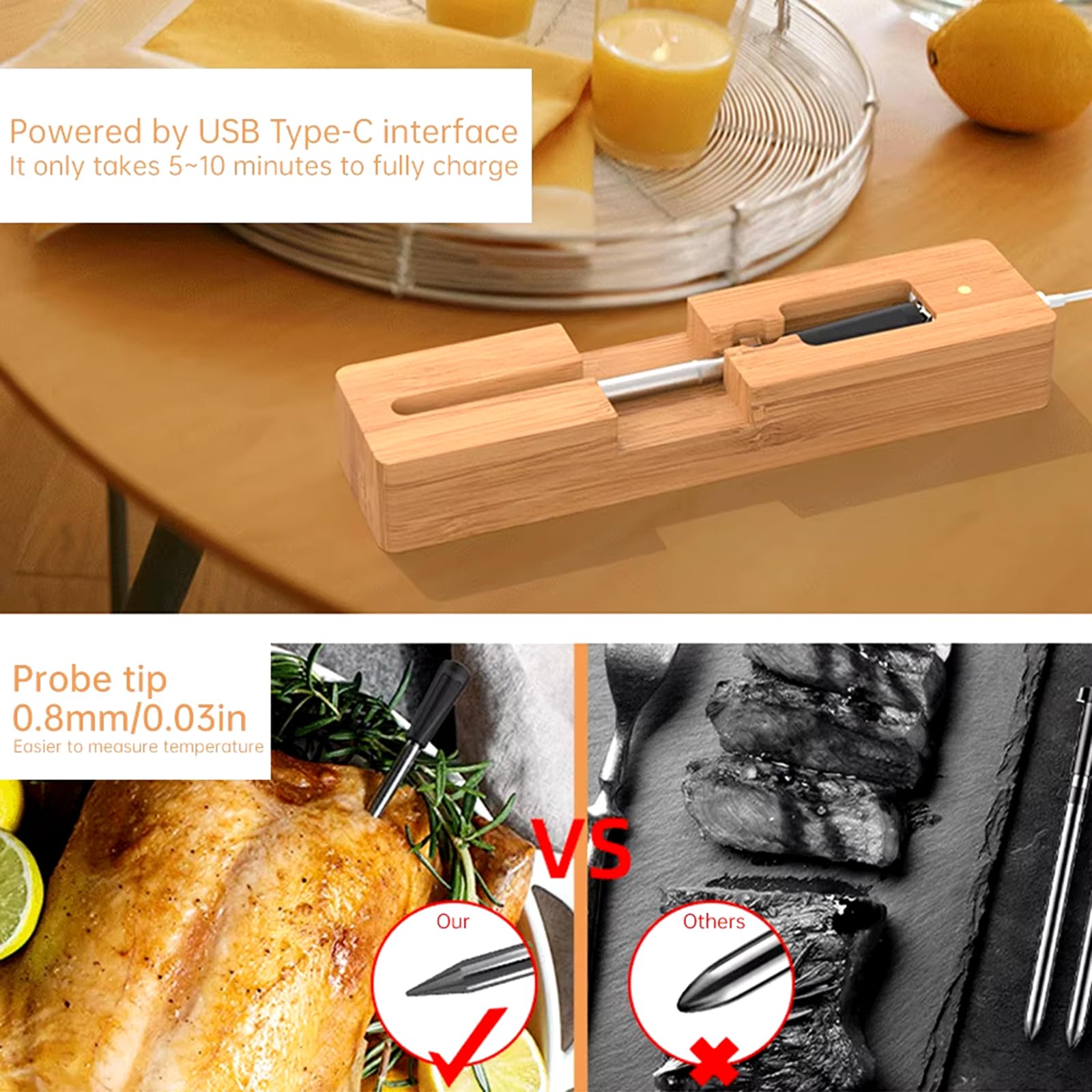 Termómetro de carne inalámbrico inteligente, termómetro de carne Bluetooth de alcance de 100 pies con aplicación gratuita e IPX7 resistente al agua, sonda dura 16 horas, termómetro de alimentos