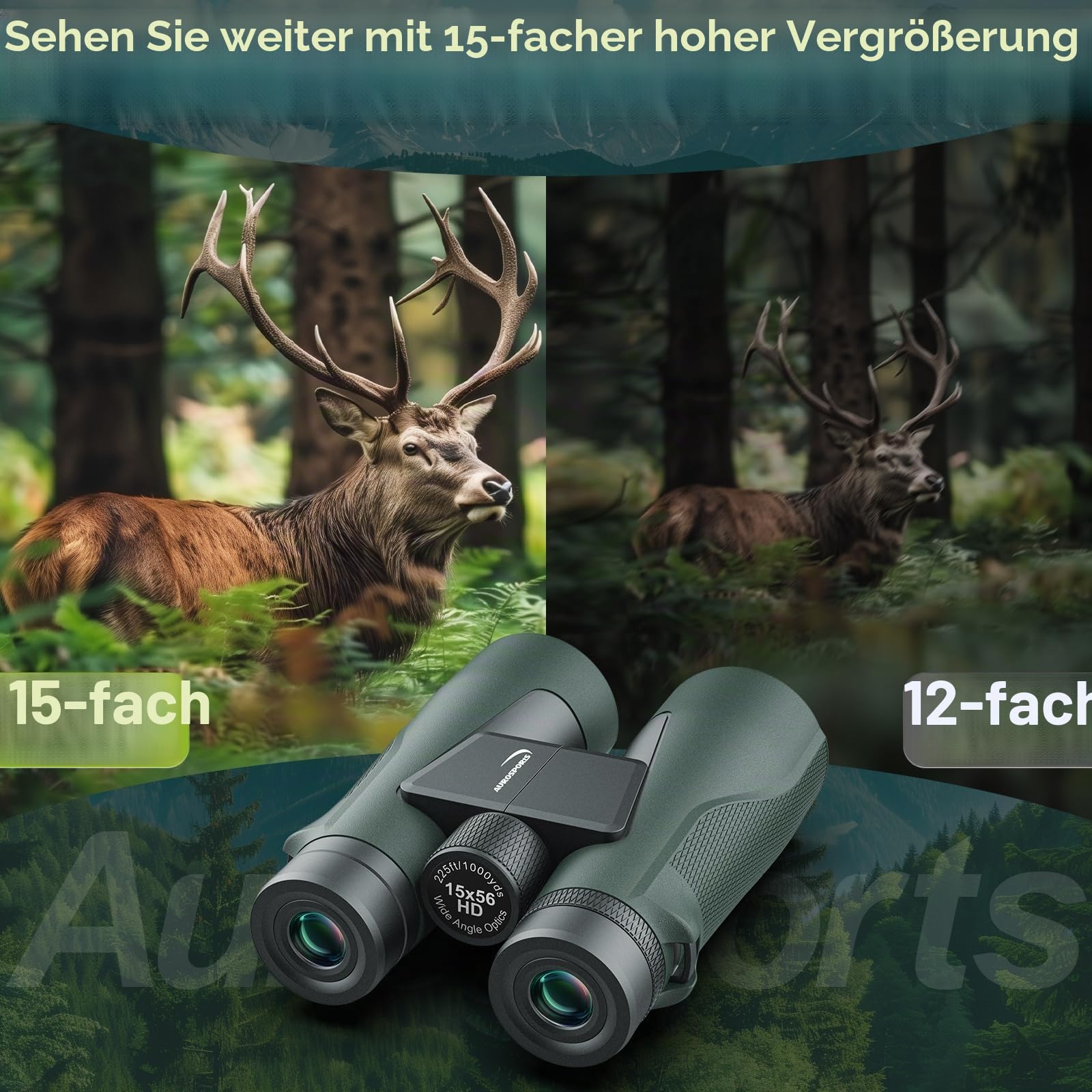 Aurosports 15x56 Fernglas für Erwachsene - HD Fernglas für Vogelbeobachtung Large View mit BAK4-Prisma klaren Low Light Vision - Easy Focus Leichtes Ferngläser für Jagd Wandern Kreuzfahrt Reisen（Grün）