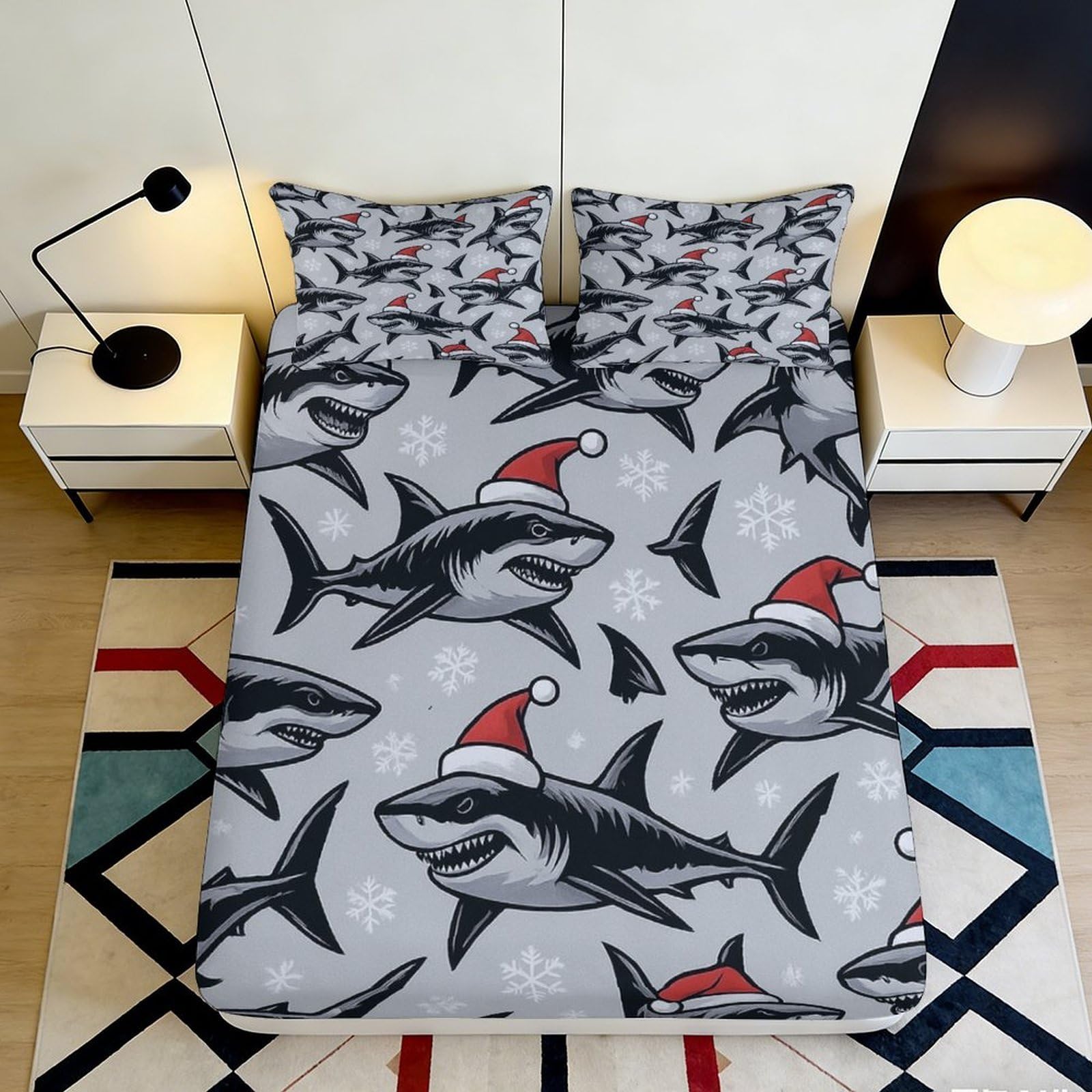 Pnayamiorkfel Style-1 3D Printed Christmas Shark Fitted Sheet Microfiber Snowflake Bed Cover For Bedroom Dorm Mattress Protection Decor 90X200x25cm