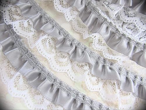 Cinta de doble capa de satén plateado y blanco con volantes florales de 5 yardas, tela bordada de grogrén, delicado suministro de manualidades para