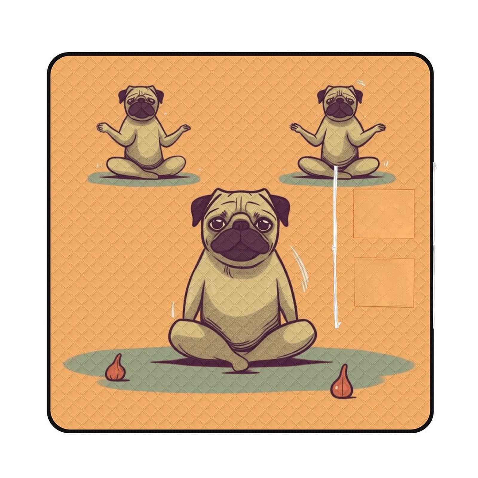 VstaDank Yoga Pug Picnic Mat 200x200cm Extra Large Picnic Blanket with Zipper Waterproof Sandproof Beach Blanket Portable Beach Mat Foldable Camping Blankets for Park Grass Lawn Travel