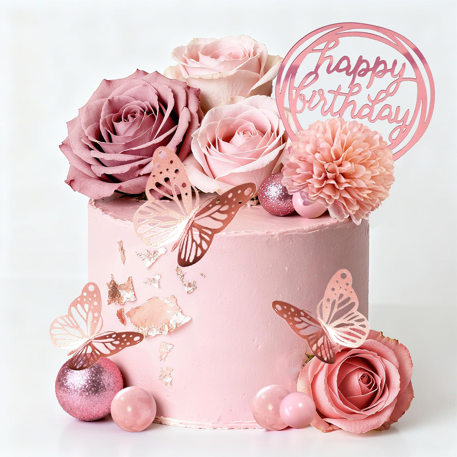 Glamoreal Flower Cake Toppers, Happy Birthday Rose Gold Cake Decorations with Artificial Flowers Butterfly Balls for Wedding Baby Shower Birthday Party Supplies