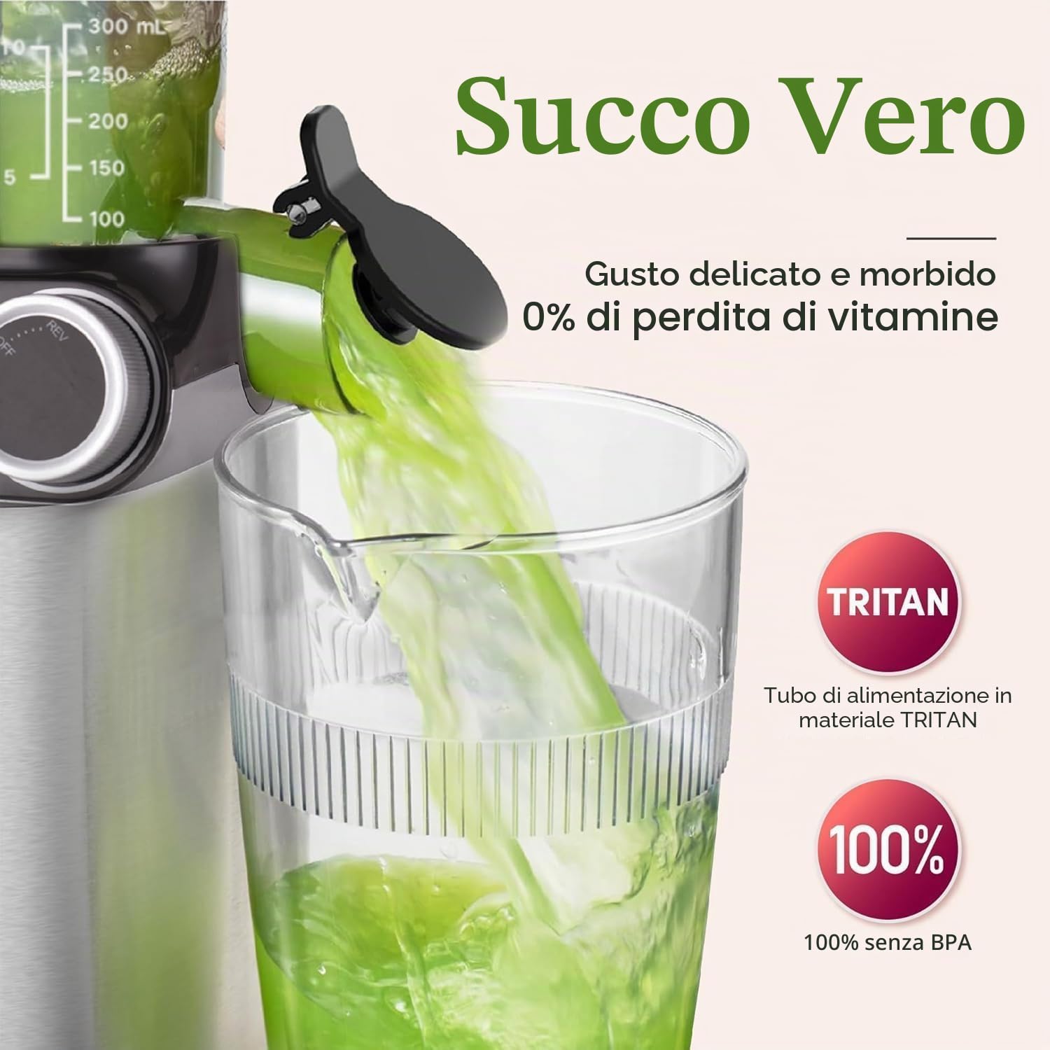 Anybear Estrattore di Succo, 200W Juicer, Spremiagrumi a Freddo, con Vano di Riempimento da 110 mm, per Frutta e Verdura Intera, Coclea Potenziata, Materiale Tritan, Senza BPA (Argento E Arancione)