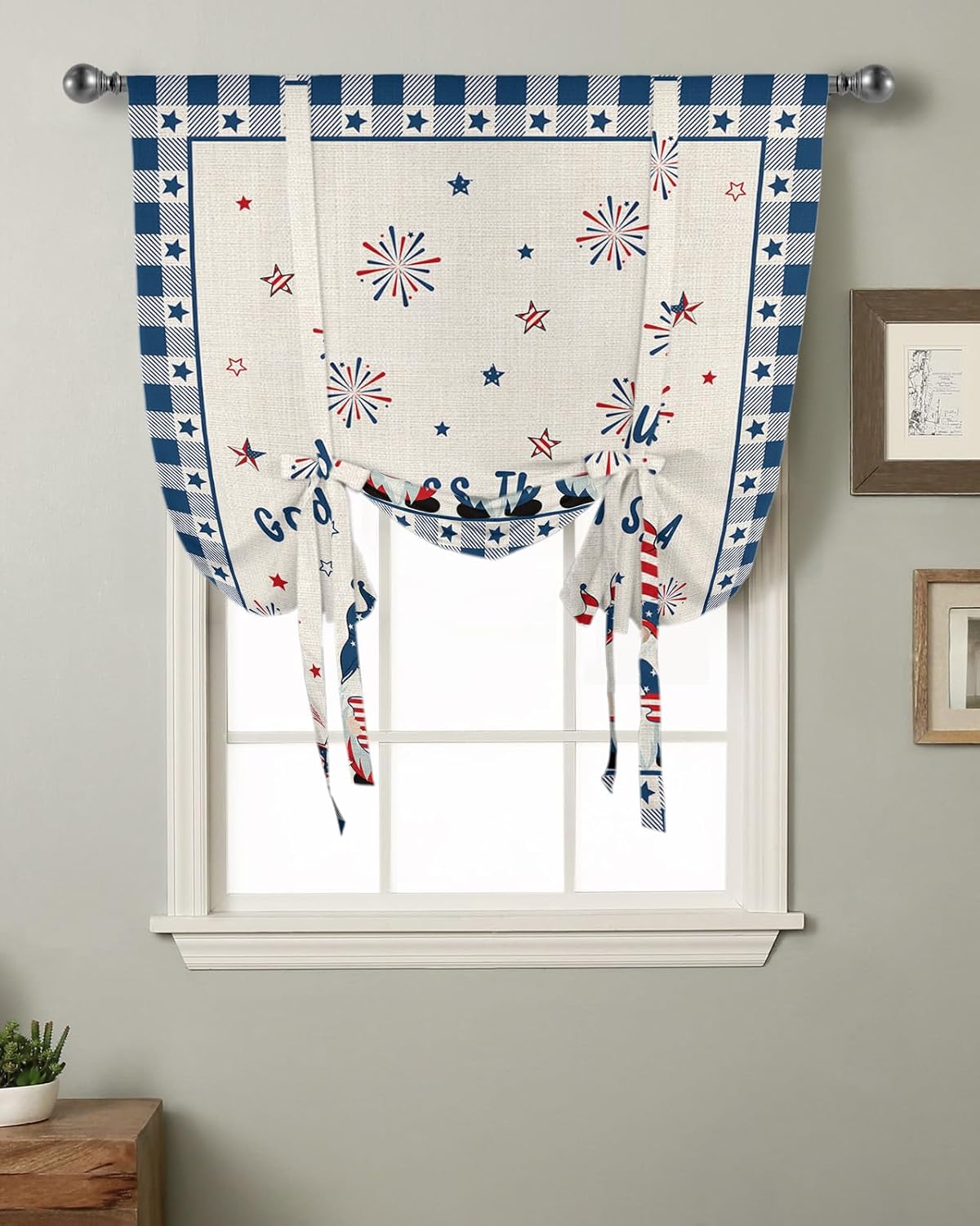 Independence Day Tie Up Window Shade Curtain Country Stars Branch Wreath Kitchen Adjustable Balloon Curtains Shades Drape 46x63In for Living Room/Bedroom/Cafe Windows USA Flag Stripe