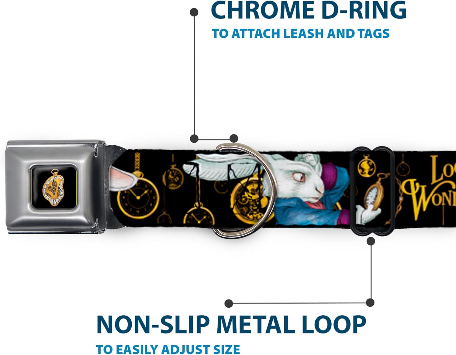 Buckle-Down Dog Collar Seatbelt Buckle White Rabbit Poses Looking for Wonderland Clocks Black Golds, Multicolor, 1" Wide - Fits 15-26" Neck - Large (DC-WDY314-L)