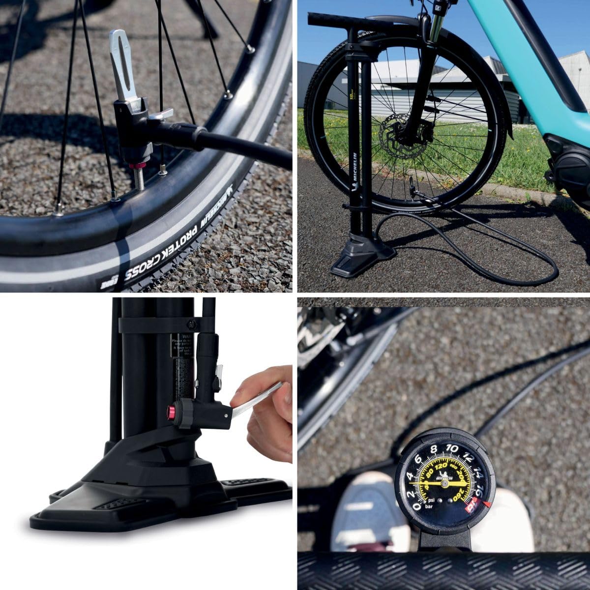 MICHELIN - Pompe à Pied avec compresseur AIR Tank TUBELESS - Double Fonction pour pneus tubeless et avec Chambre à air - Manomètre analogique - Corps en Acier - Compatible valves Presta/Schrader