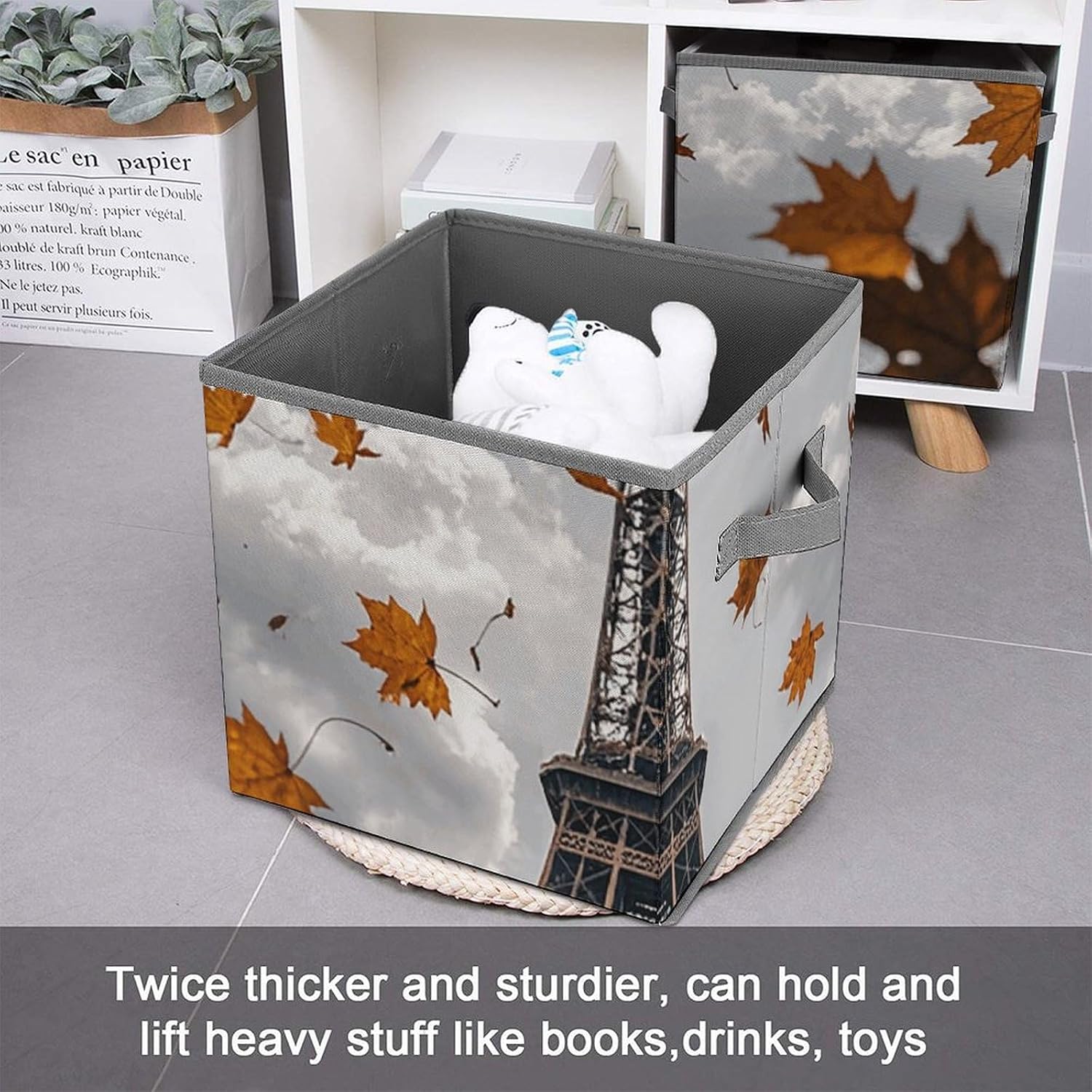 Storage Bins Eiffel Tower with Autumn Leaves Storage Boxes with Double Handles Storage Cube Organizer for Clothes Foldable Closet Organizers Storage Containers for Shelves 10.6 Inch