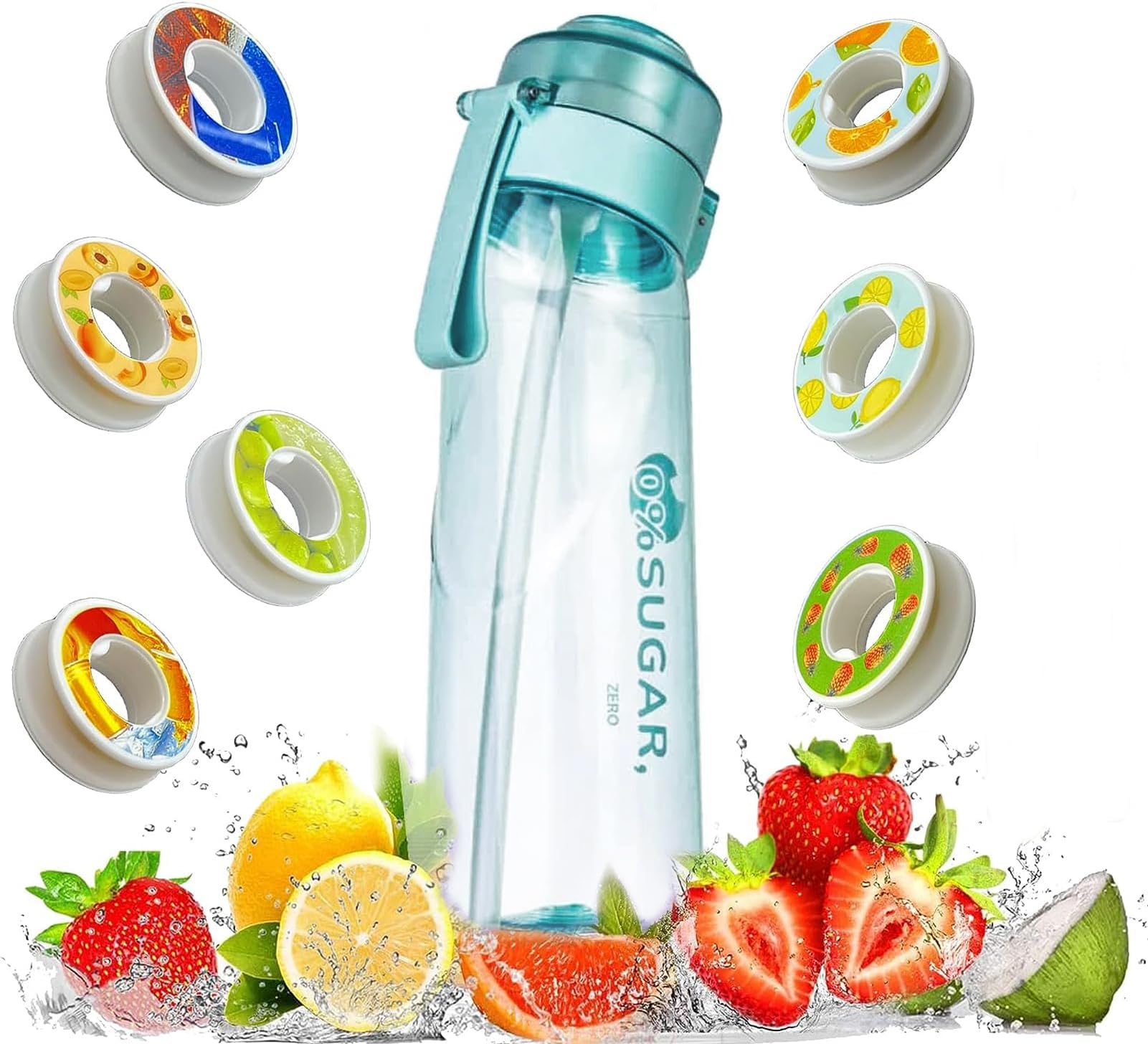 Sports Air Water Bottle BPA Free Starter up Set Drinking Bottles,650ML Fruit Fragrance Water Bottle,with 1 Random Flavour pods 0% Sugar Water Cup,for Gym and Outdoor (Blue)