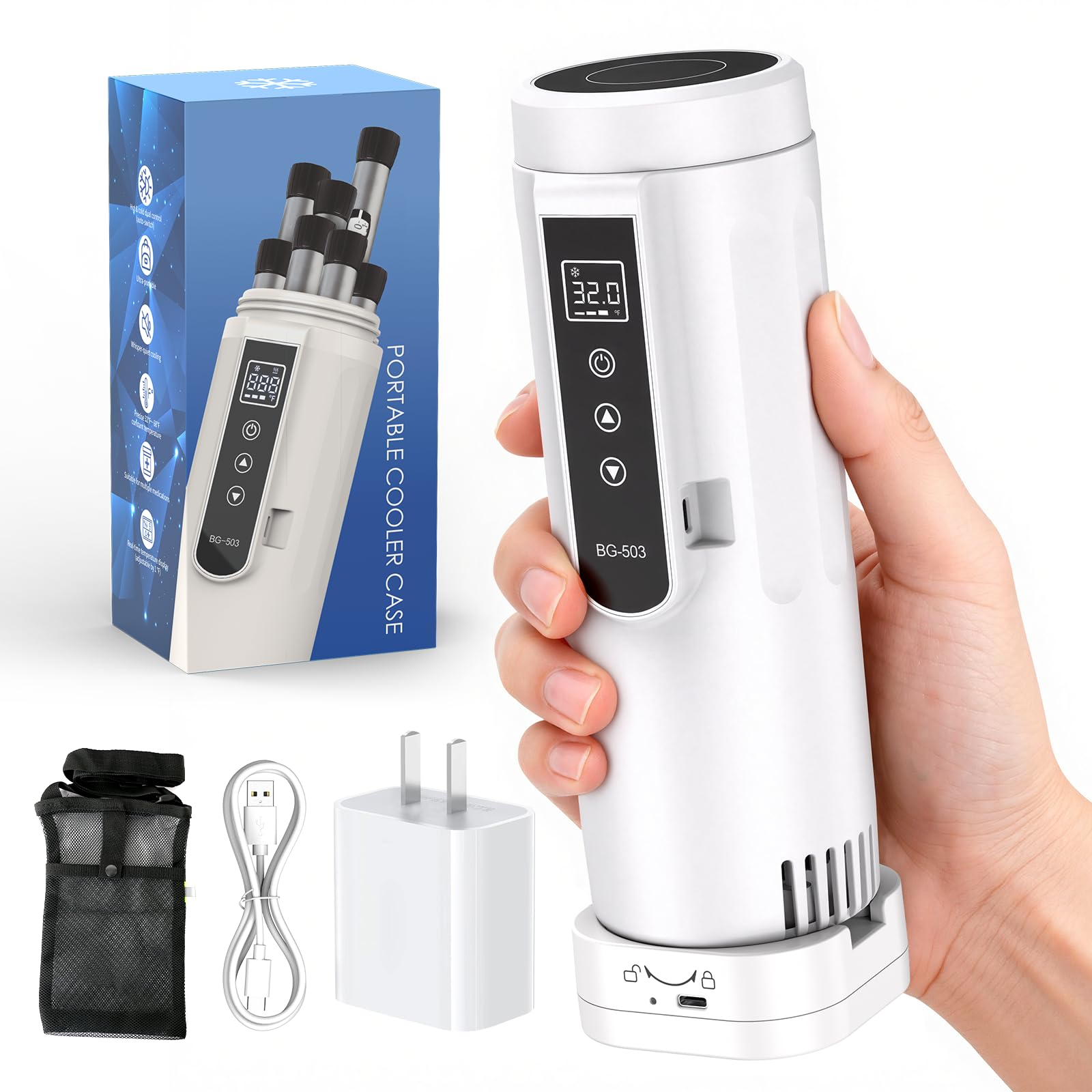 Hopelake Insulin Cooler Travel Case, Portable Insulin Cooler with Temp Display(32℉-68℉), Medication Travel Cooler Refrigerator(4-7 Pens), USB Charging/Dedicated Backup Power/Portable Cup Sleeves