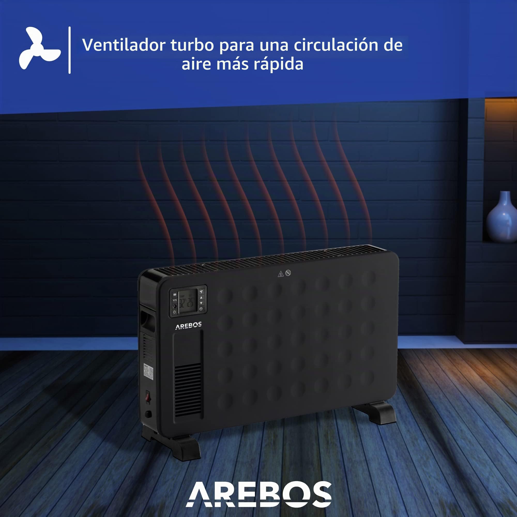 Arebos Calefactor Bajo Consumo 2300 W | Radiador Electrico con 3 posiciones de calor | Convector Electrico Bajo Consumo | Temporizador | Negro