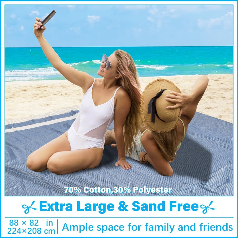 Oversized Turkish Beach Towel Blanket XXL Cotton Sandproof Towels Boho Woven Extra Large Big Sand Free Giant Throw Blankets Huge Quilt XL Picnic Camping Necessities Cloud For Adult Gifts Blue - Image 2