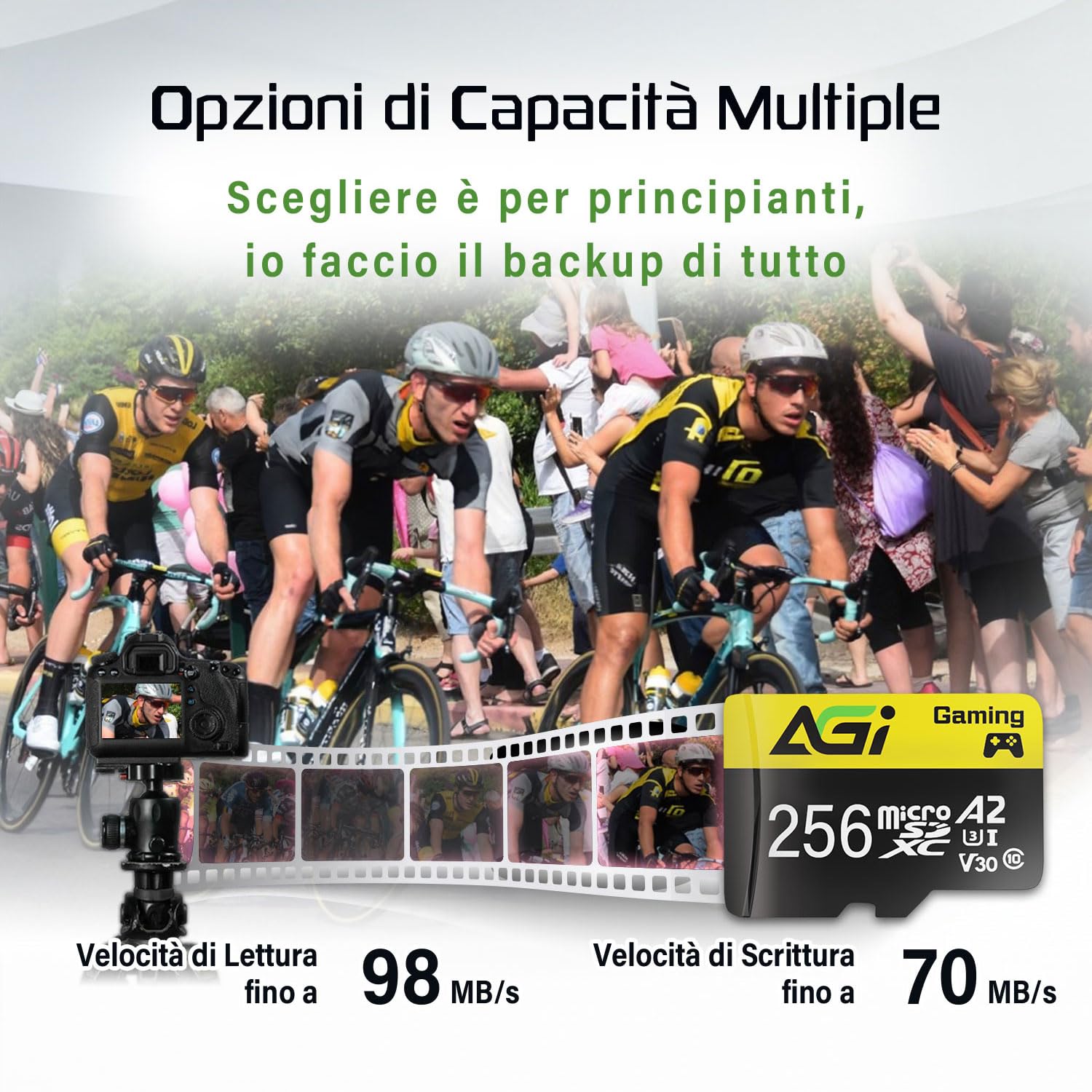 AGI TF138 256GB Scheda Micro SD con Adattatore SD Card MicroSDXC | Specifiche professionali A2, U3, V30. Velocità di lettura 98 MB/s per drone, dashcam, fotocamera e console Switch