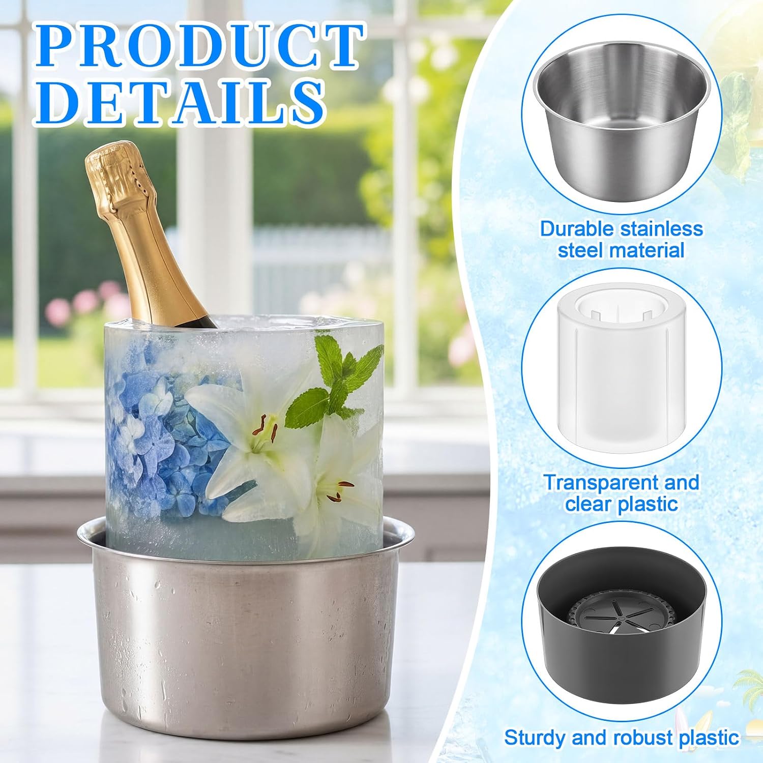 Jingmore 2 Set Stainless Steel DIY Ice Bucket Mold Set Ice Mold Wine Bottle Chiller with Lids and Gray Stands, Create Flower Fruit Ices Chiller for Champagne, Wine, Cocktails, Parties, Weddings