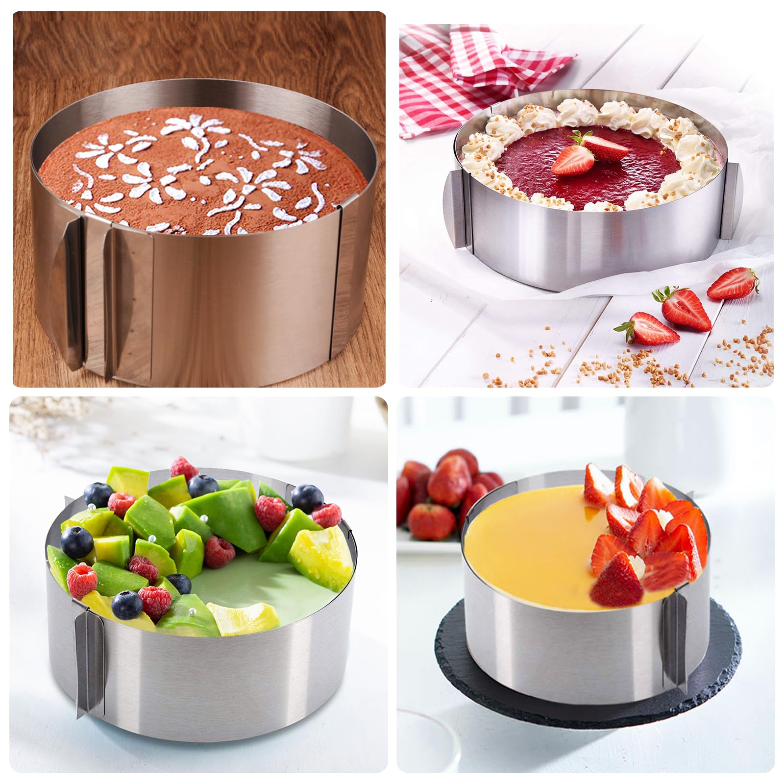 PORFOYO 3 anelli per torte regolabili in altezza 5 cm, 8 cm, 10 cm, in acciaio inox, larghezza 16 – 30 cm, telaio rotondo, stabile stampo per torte, anello rotondo regolabile per cuocere e decorare