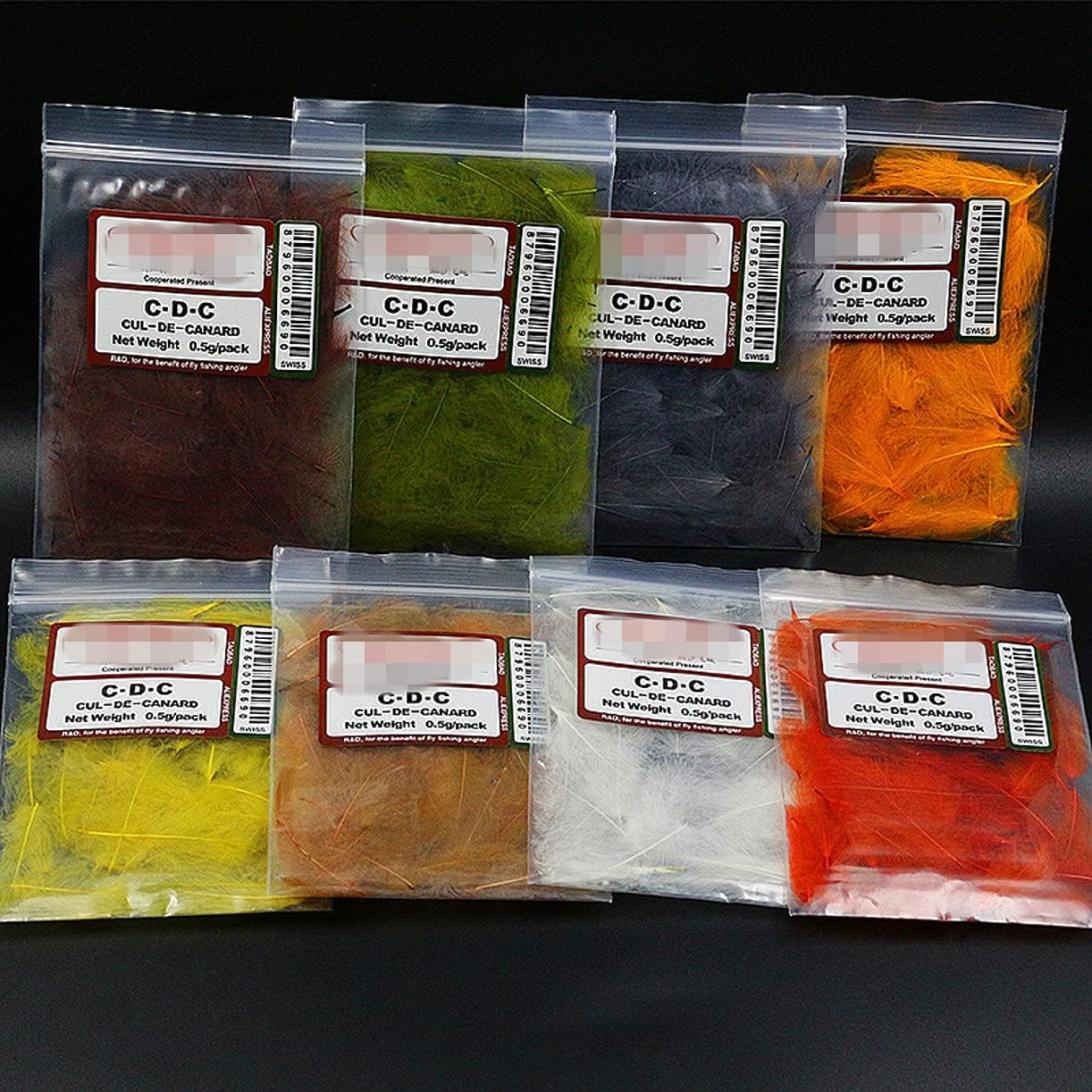 Premium Fly Tying Duck CDC Feathers Net Cul De Canard Duck Butt Feathers Dry Fly Wings Fly Tying Materials，0.5g/Color, Total 8 Color, As Show