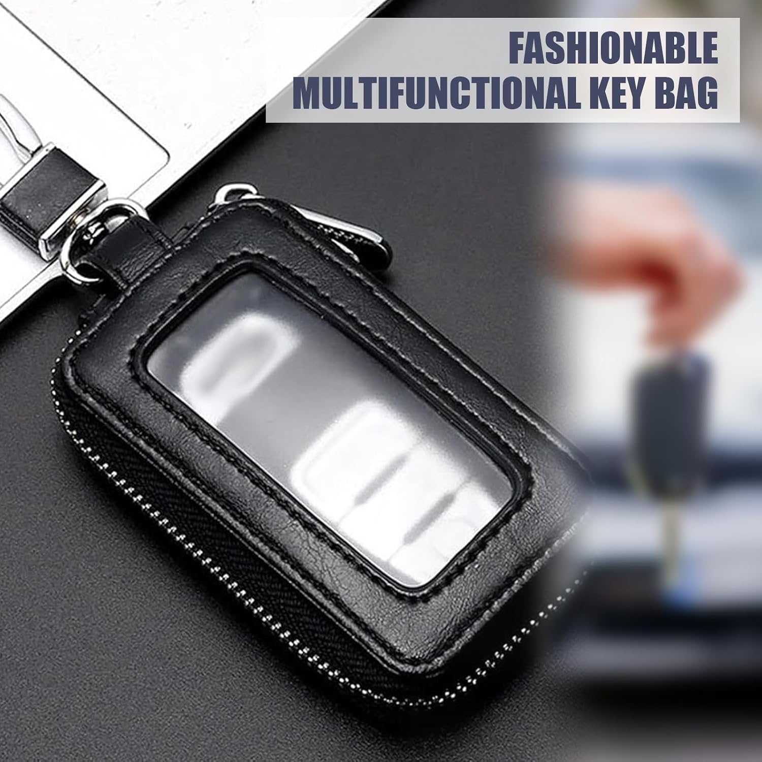 Car Key Fob Case, Clear Window Key Protector, Leather Storage Bag with Rotatable Keychain, for Cars (Black)