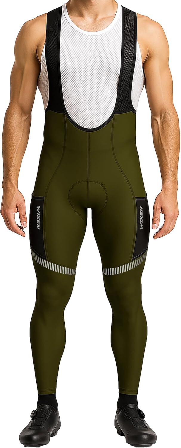 WIXEN Men’s Winter Cycling Bib Tights Thermal Fleece 3D Padded Bike Bib Pants with 4 Pockets
