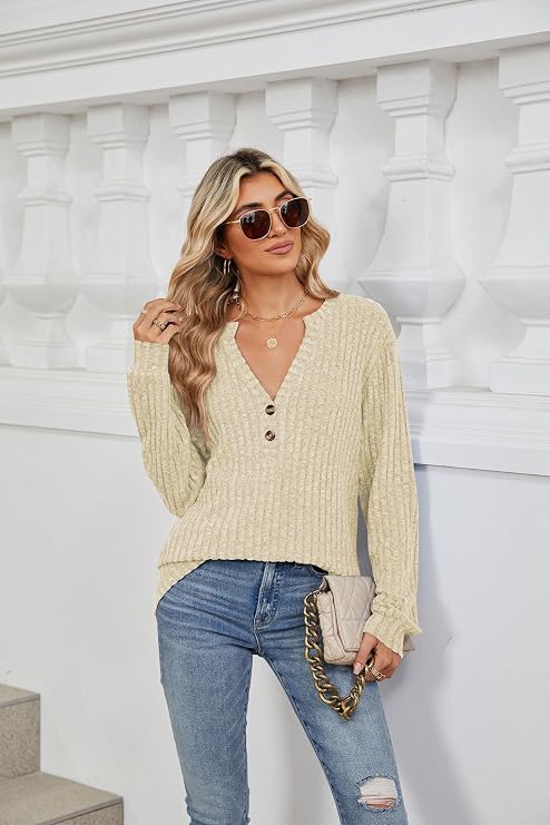 Ladies Long Sleeve Shirts V Neck Basic Tees Rib-Knit Button Henley Tops