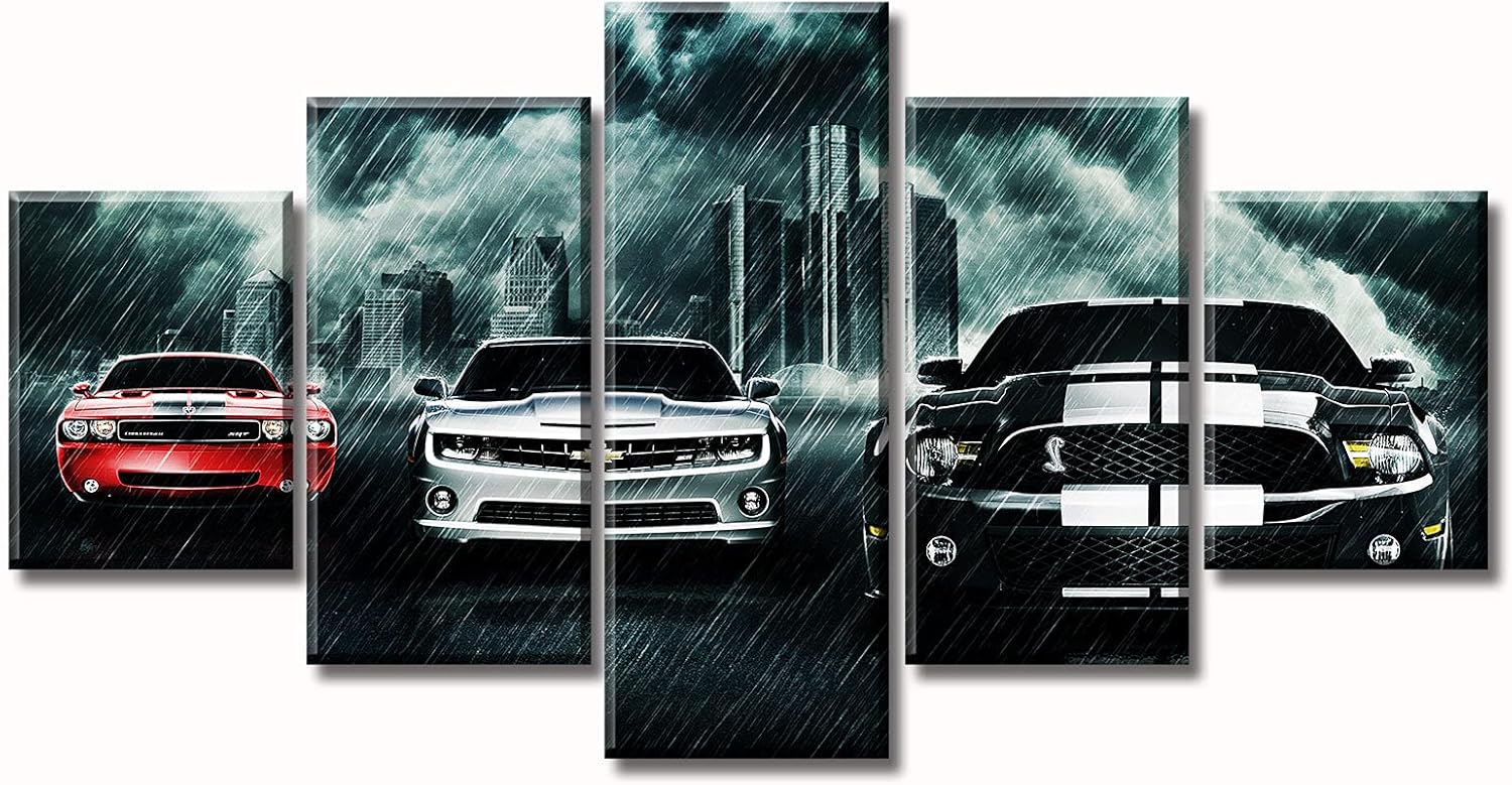Black and White Paintings Car Art Wall Decor Modern Picture Prints on Canvas for Men Office Bedroom Living Room Stretched Framed Ready to Hang 60" W×32" H 5 Pieces
