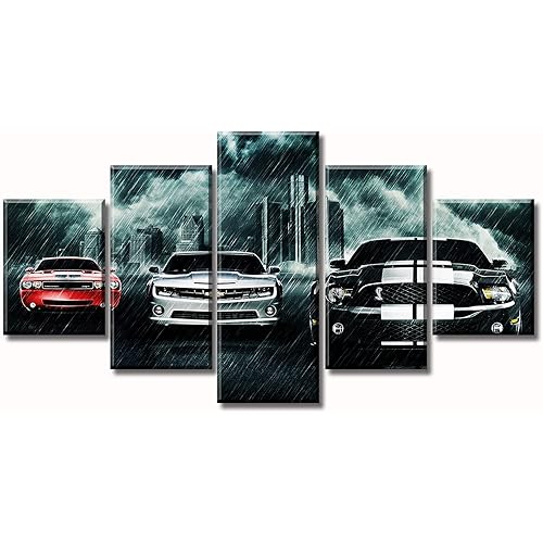 Black and White Paintings Car Art Wall Decor Modern Picture Prints on Canvas for Men Office Bedroom Living Room Stretched Framed Ready to Hang 60" W×32" H 5 Pieces