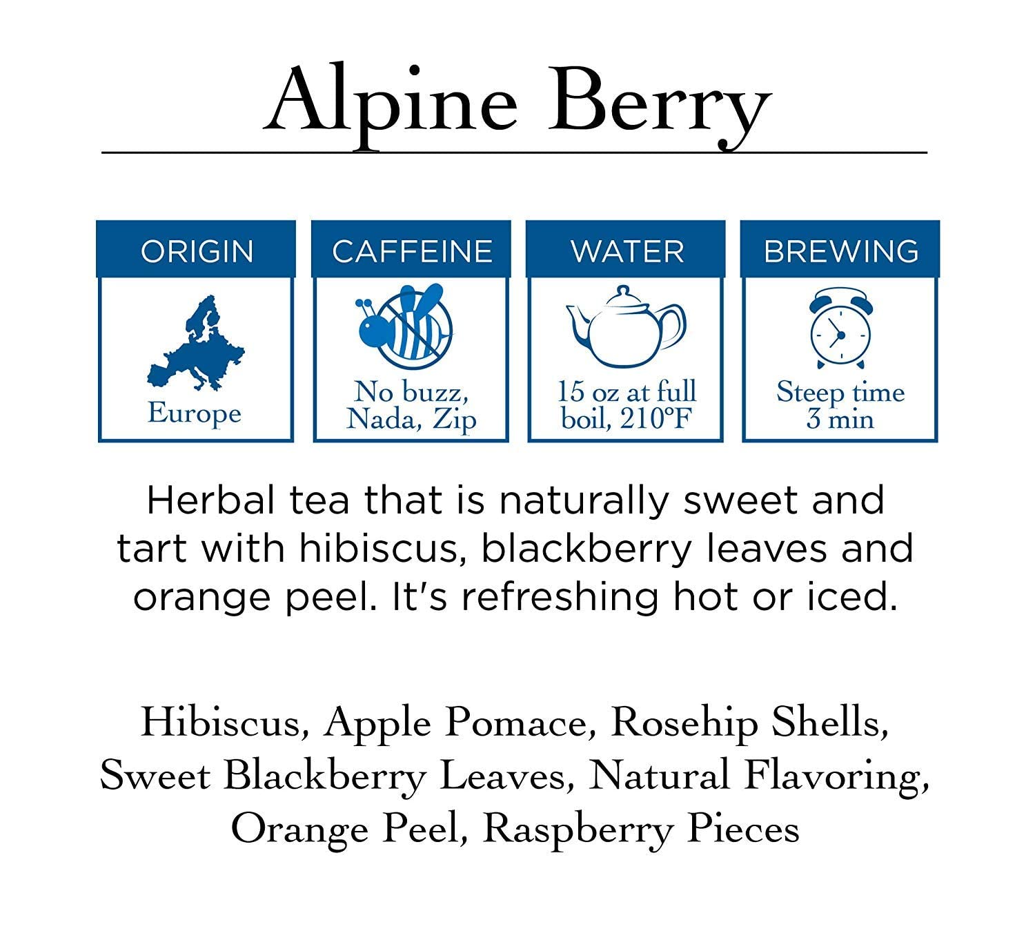 Two Leaves and a Bud Alpine Berry Herbal Tea Bags, Naturally Caffeine Free, Whole Leaf Herbal Tea with Hibiscus in Sachets, 15 Count (Pack of 6)