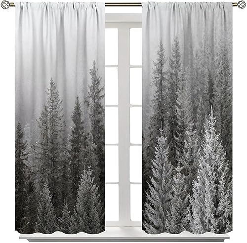Miniatura 5 de Cortinas opacas con estampado 3D de bosque invernal en la niebla, cortinas decorativas de bosque de coníferas para dormitorio, sala de estar, 21 x