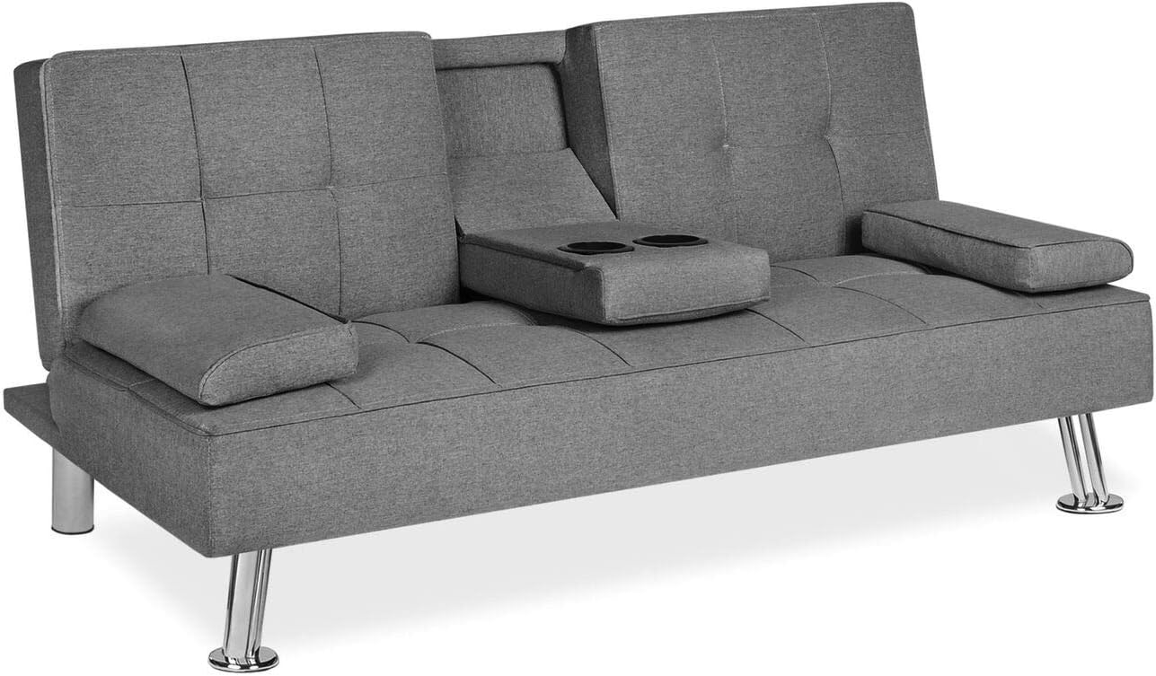 Grey Linen Upholstered Convertible Futon Sofa Bed With Cup