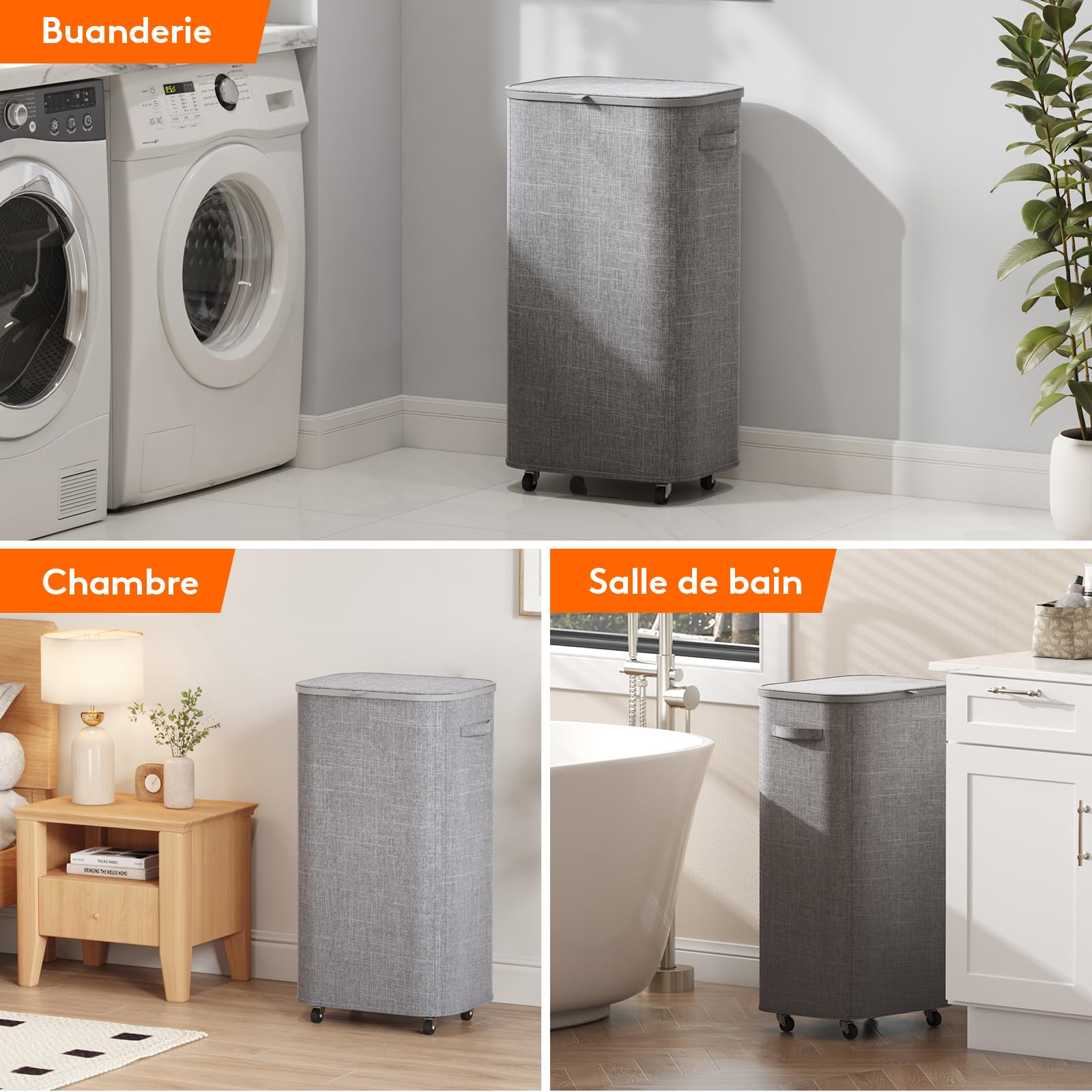 Lifewit Panier a Linge Sale avec Couvercle et Roulettes, Corbeille Linge Pliable avec Sac Amovible, Bac Linge, Laundry Basket pour Chambre, Salle de Bain, Buanderie, 105L, Gris Clair