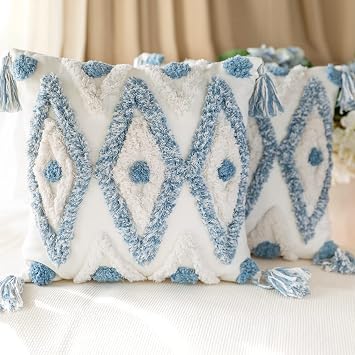 Set of 2 Cotton Woven Boho Throw Pillow Covers, Tufted Decorative Square Pillowcases Covers with Tassels for Couch Sofa Bed, Living Room Sofa, Farmhouse, 18x18 Inch Blue2 pcs