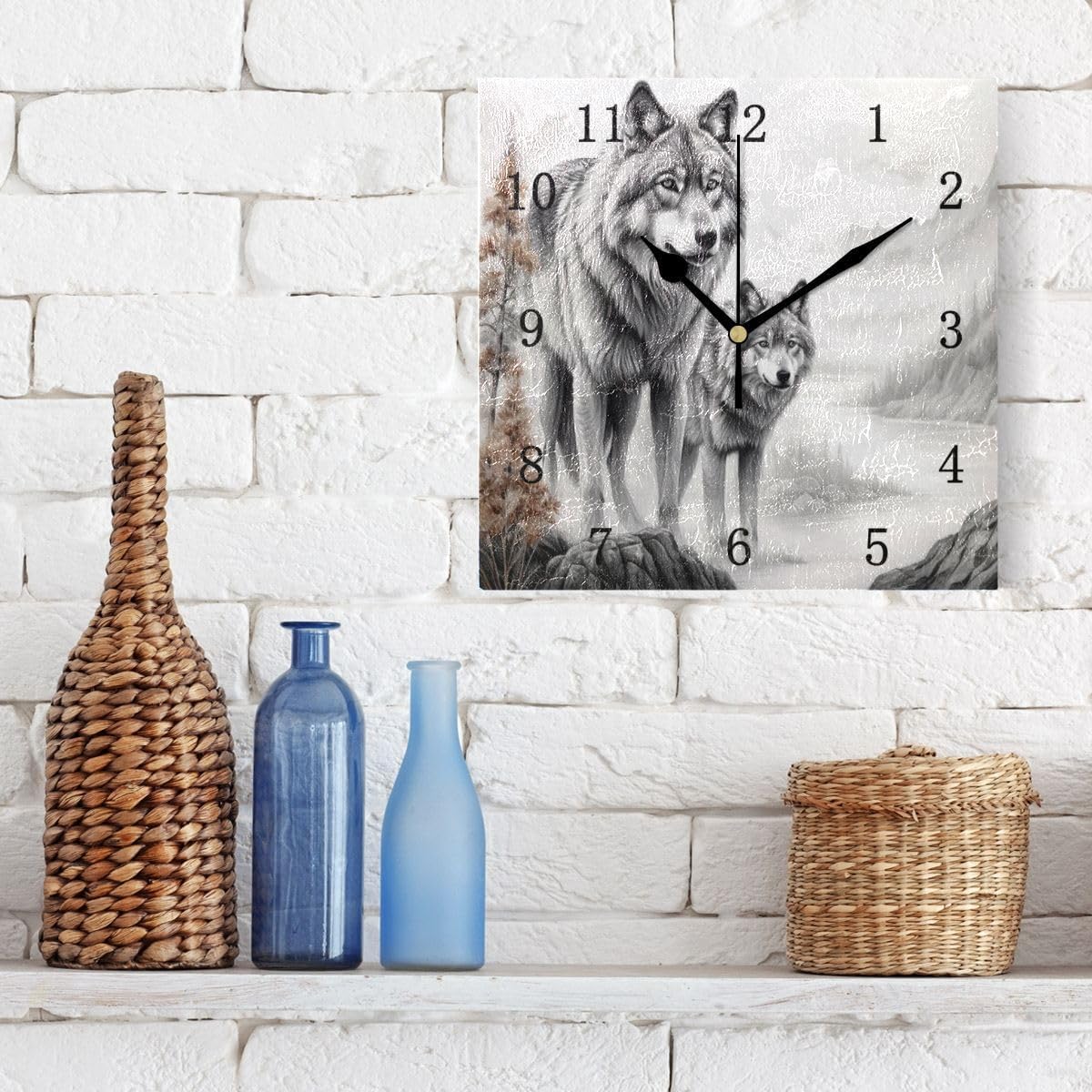 Nander 3D Wolf Square Wall Clock, 9.45 Inch Battery Operated Quartz Quiet Desk Clock for Home,Office,School