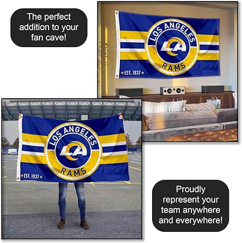 Miniatura 5 de WinCraft Bandera grande de Los Angeles Rams con botón de parche y logotipo circular de 3 x 5 pulgadas