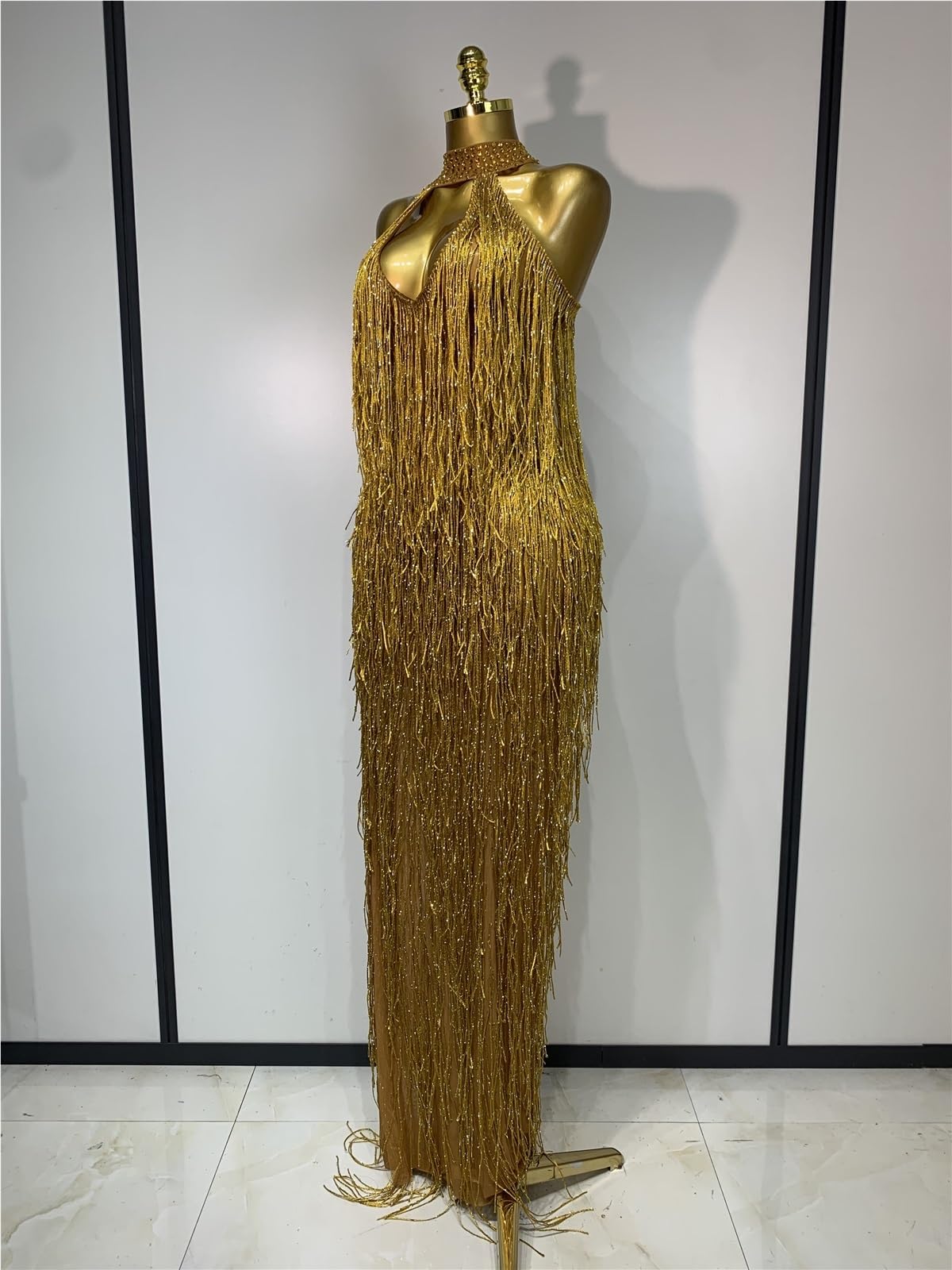 Vestido Sexy dorado con borlas de cristales brillantes for mujer, vestido elegante for graduación, fiesta noche, club nocturno, vestidos for sesión fotos cumpleaños para Bailes y Fiestas