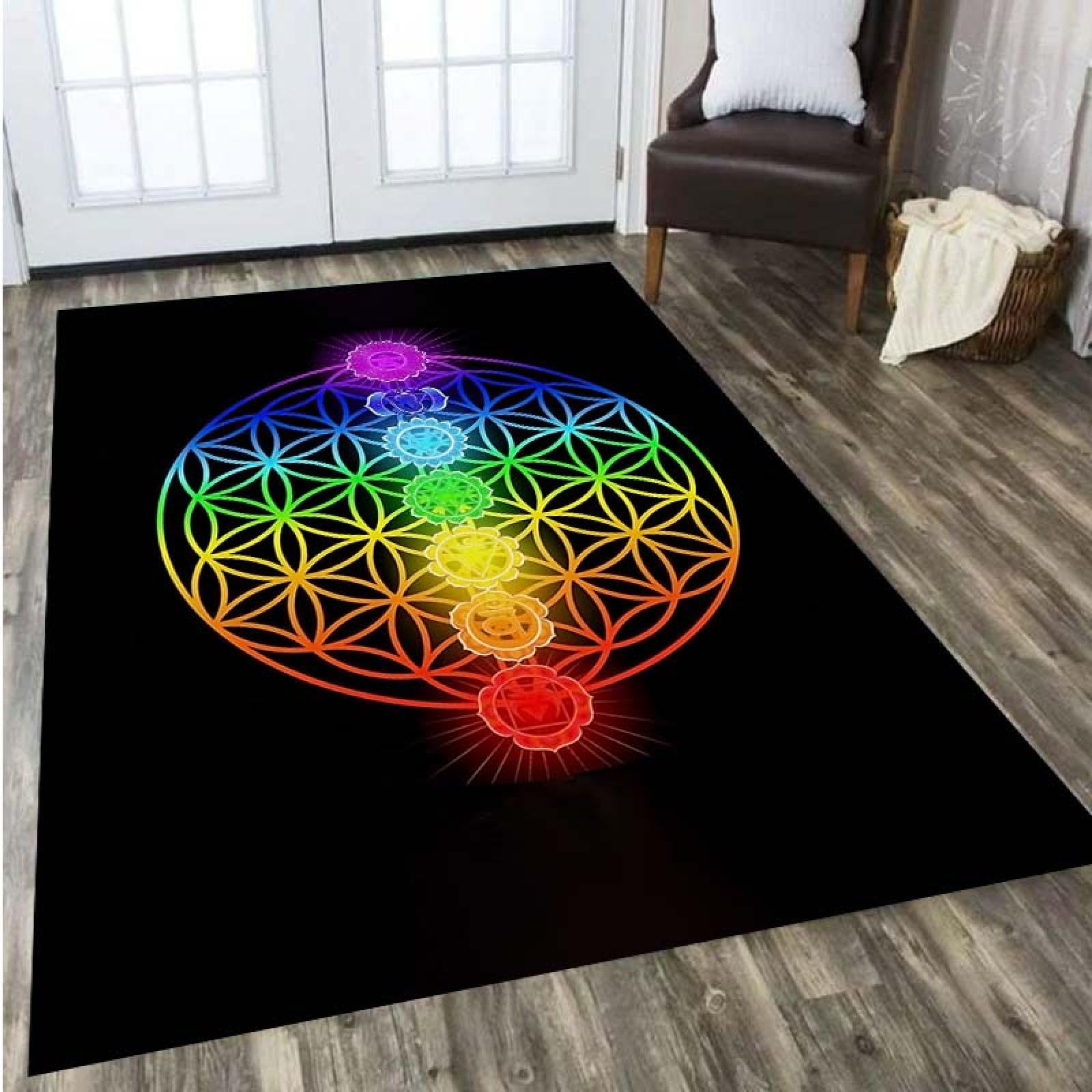 Tapis de méditation 3D Galaxie Ciel étoilé Fleur de Vie, Tapis de Porte Mandala Zen Yoga Spirituel extérieur Tapis de Sol d'entrée de Jardin