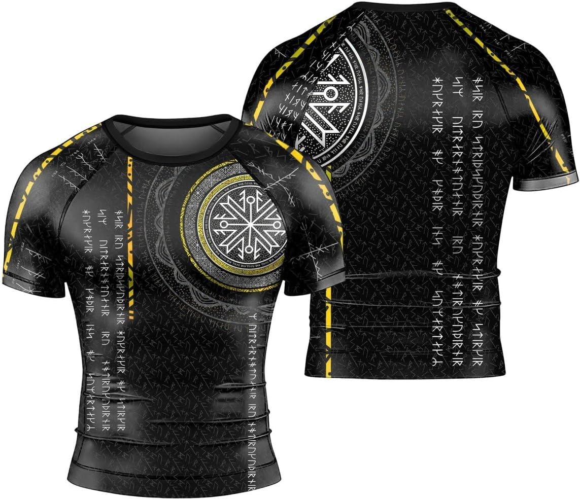 Viking Norse Rune Men's Rash Guard Shirts Short Sleeve, Baselayer Compression Shirt for Jiu Jitsu MMA