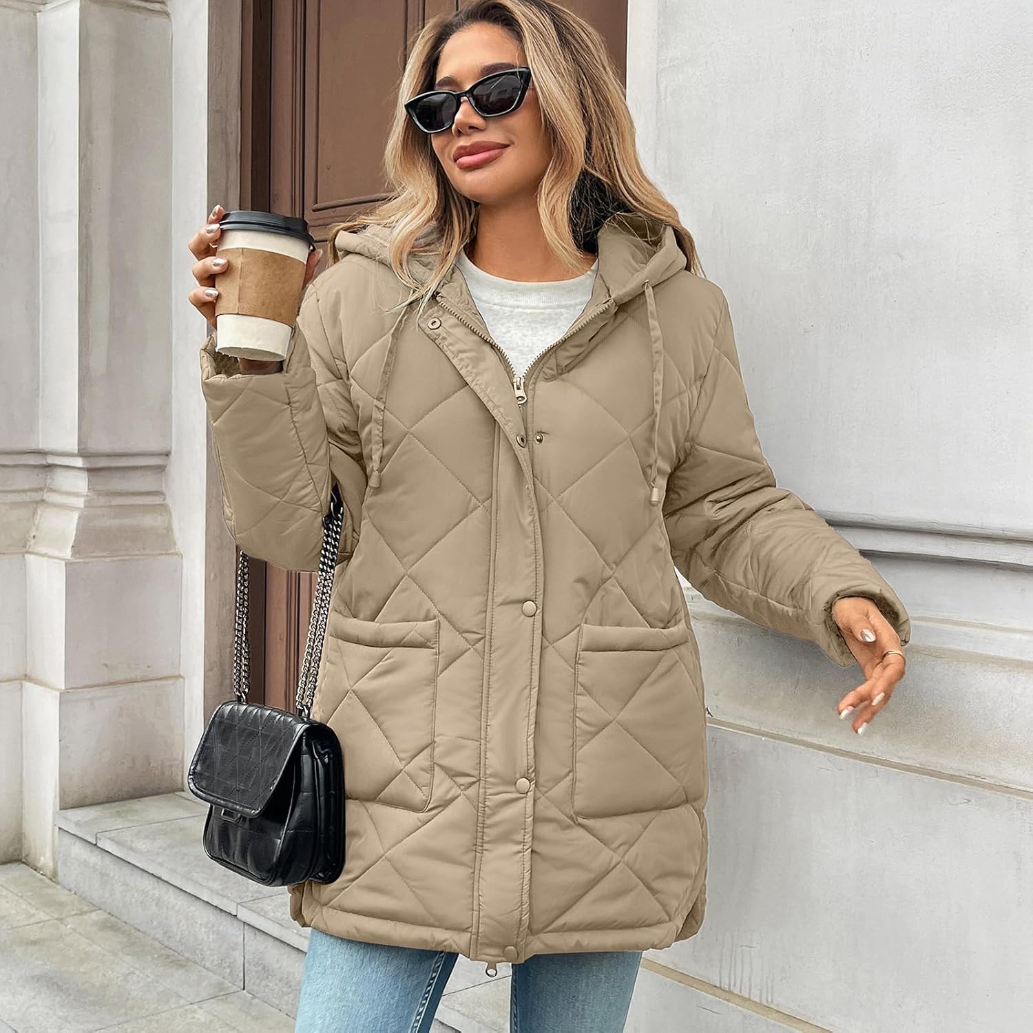 HOTIAN Womens Quilted Puffer Jackets Hooded Long Sleeve Full Zipper Casual Winter Lightweight Diamond Coats with Pockets - Image 6