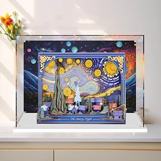 Dustproof Clear Acrylic Display Case,Designed for Lego Starry Night Oil Painting Model Collection Protection Acrylic Dustproof Display Box (Model Kit Not Included) (White Base+Back Spray 3mm)