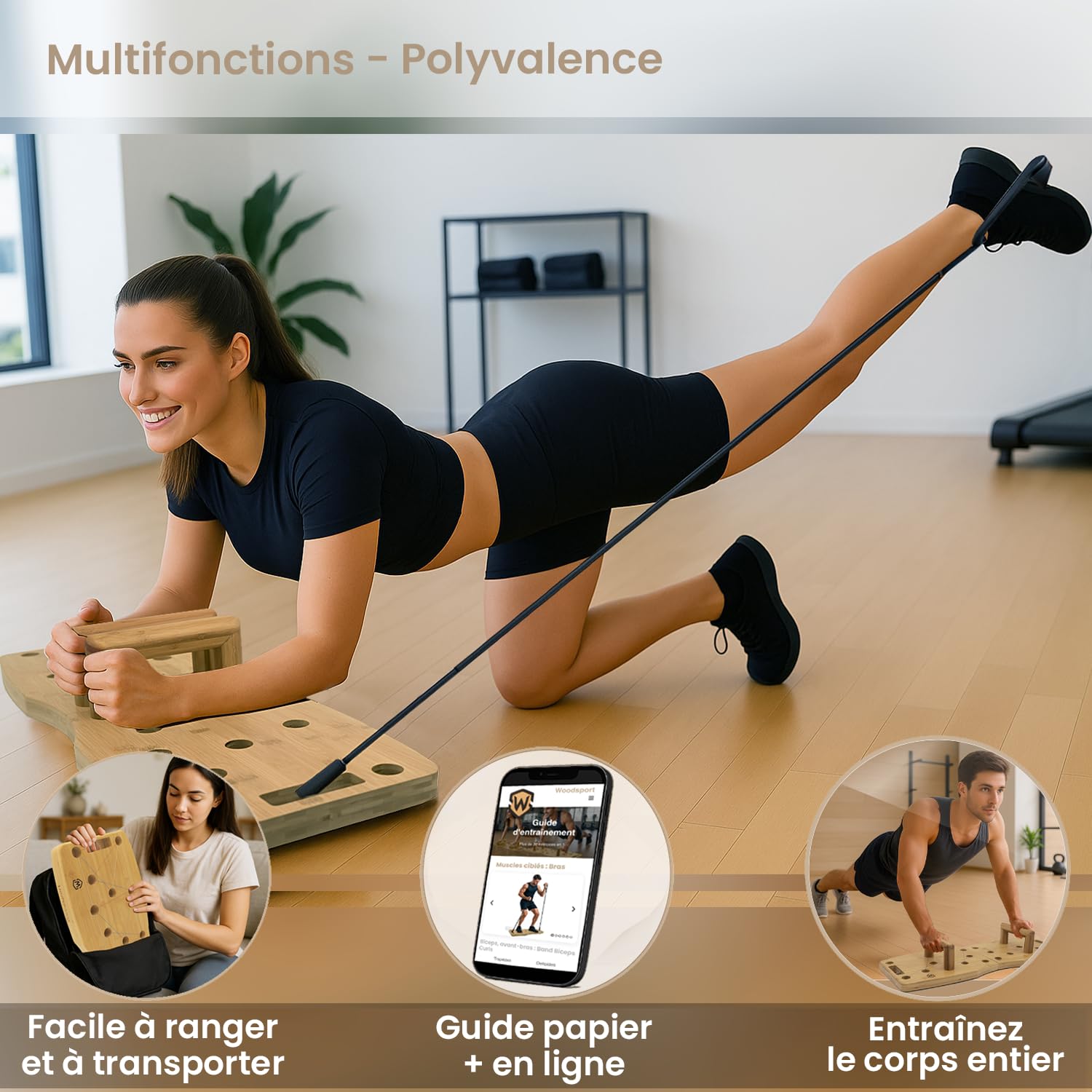 Amplitude – Push up board Premium en bois – Planche a pompe pliable - Planche pompe musculation Sport maison + 2 Elastiques + guide d’entraînement 30 en 1