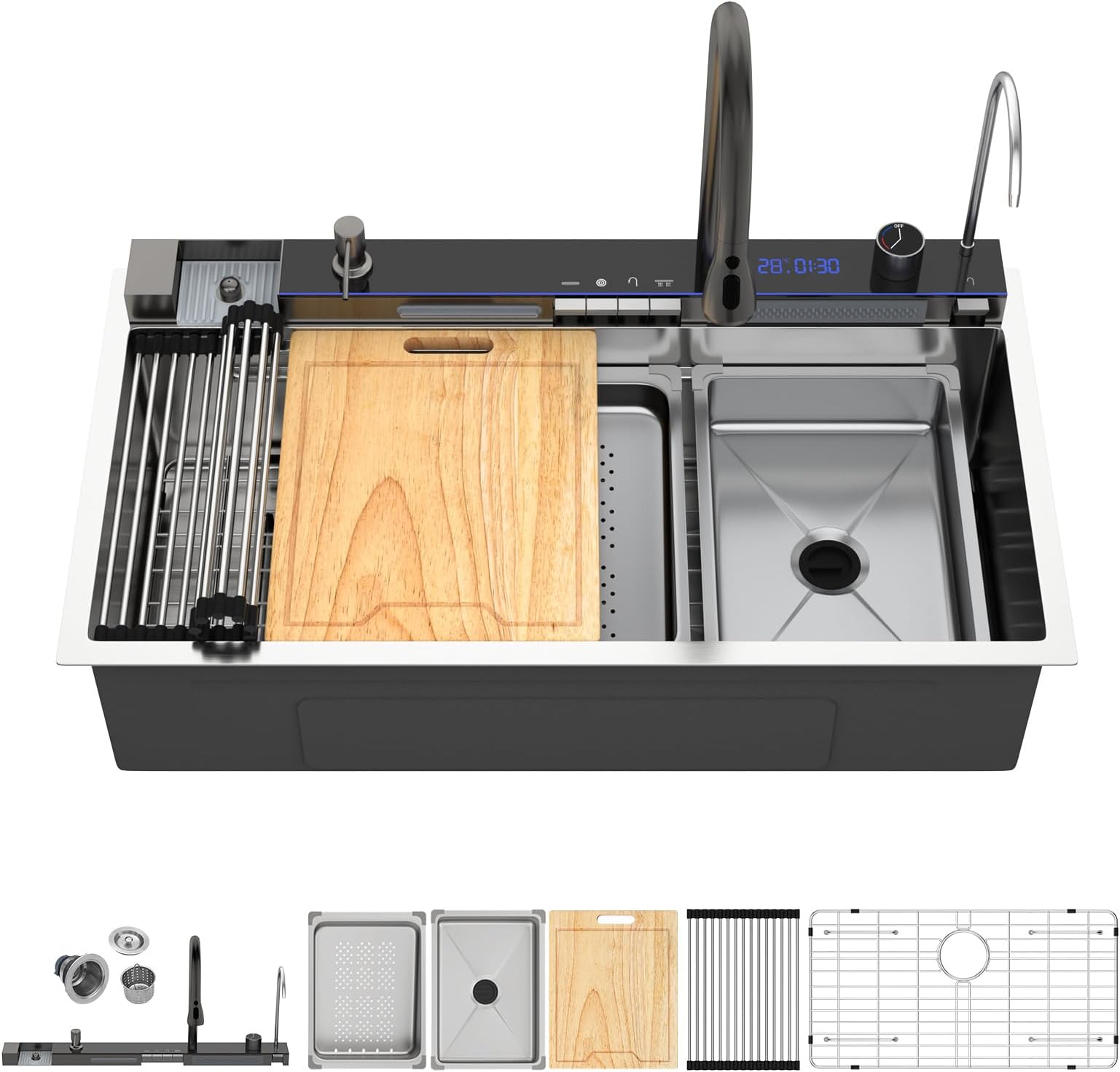 Kichae Smart Waterfall Kitchen Sink with Digital Display - 36x19 Drop In Kitchen Sink Stainless Steel 16 Gauge with Hot & Cold Water Handmade Single Bowl Workstation Sinks