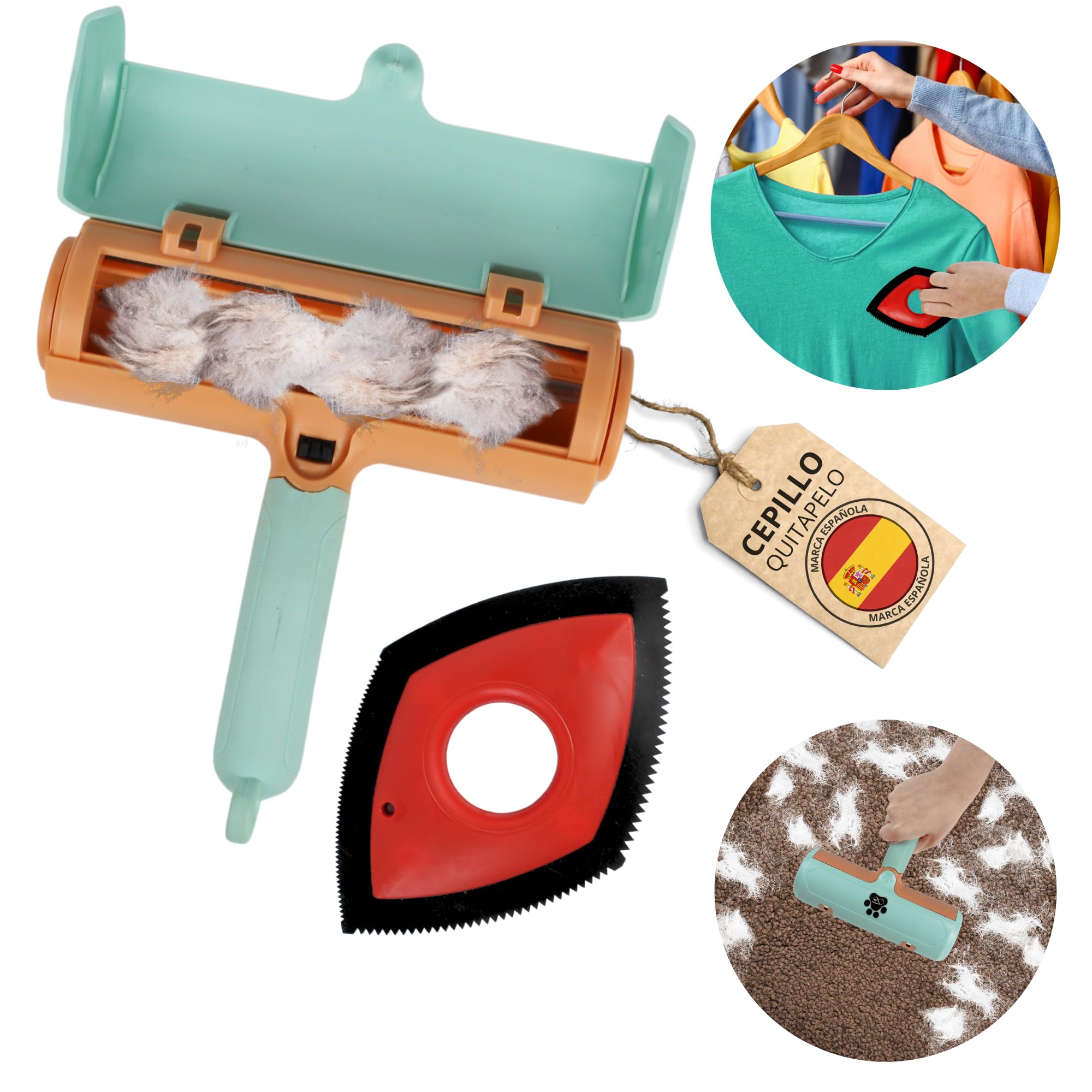 BuMart - Kit Quitapelos, Rodillo para Mascotas + Cepillo quitapelos ropa | Reutilizable, Múltiples Usos, Sofá, Ropa, Alfombra, para todo tipo de pelo de Perro y Gato, Largo y Corto | (Verde y Naranja)