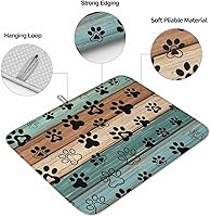 Vista 2 de Tapete de secado de platos con estampado de patas de perro para encimera de cocina, tapete de secado de platos de madera verde azulado, marrón
