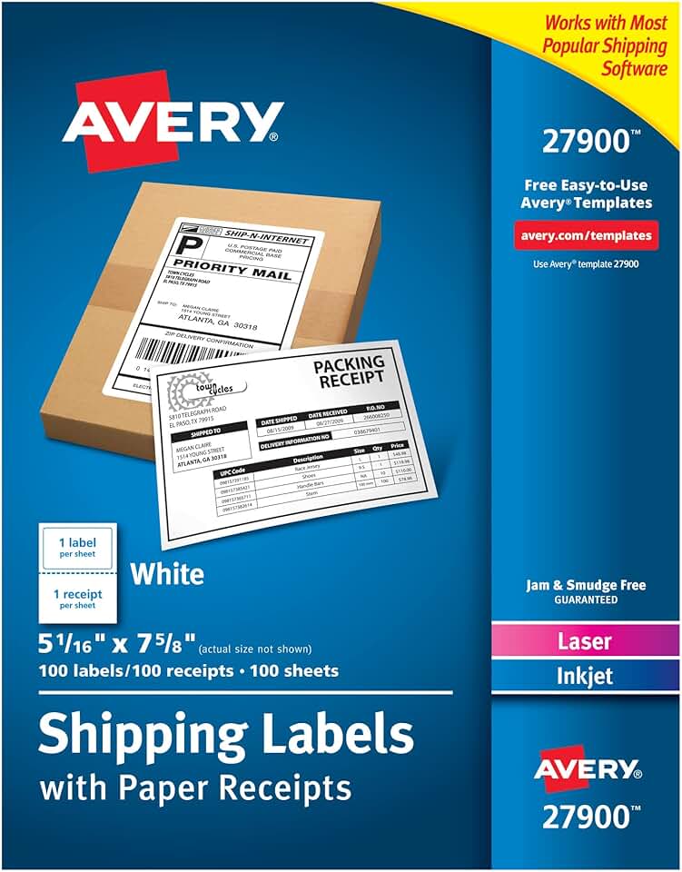 Avery Printable Shipping Labels with Paper Receipts, 5-1/16" x 7-5/8", White, 100 Blank Mailing Labels (27900)