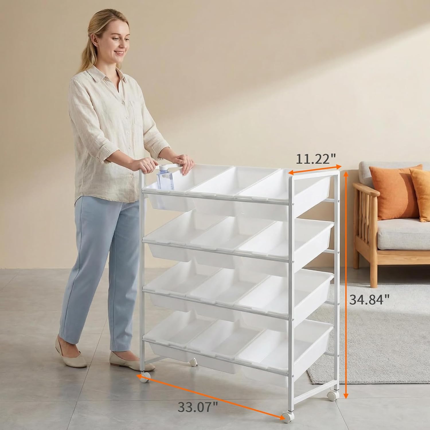 4-Tier 3-Row Kids Toy Storage Organizer with 12 Rolling Plastic Bins, Mobile Utility Cart Bookshelf Cabinet for Playroom, Bedroom, and Classroom, Easy-Glide Bins for Quick Cleanup