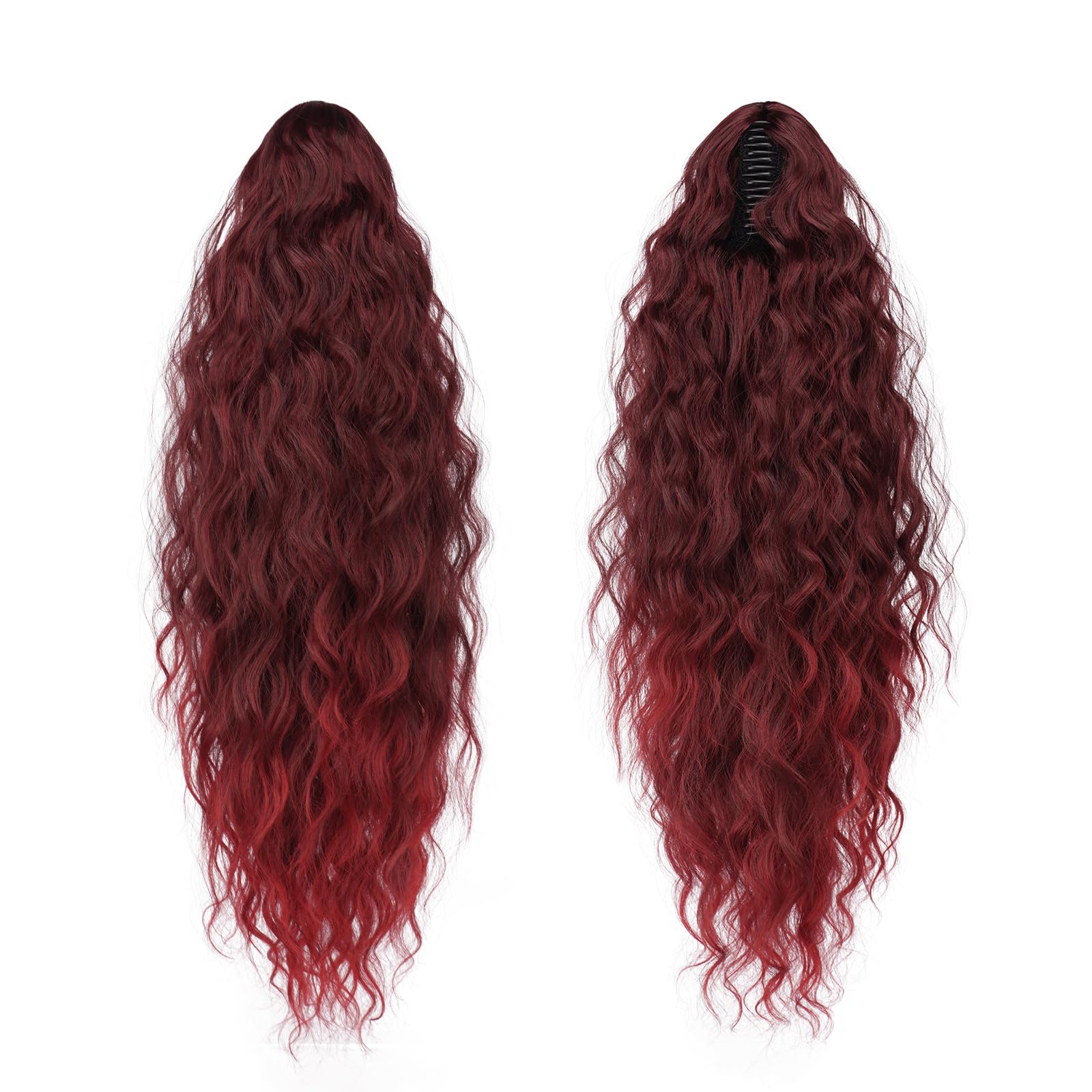 FESHFEN Claw Clip Ponytail Extensions, Long Pony Tail Hair Piece Wavy Curly Synthetic Hairpieces for Women Black Ombre Red 30 inch - Image 2