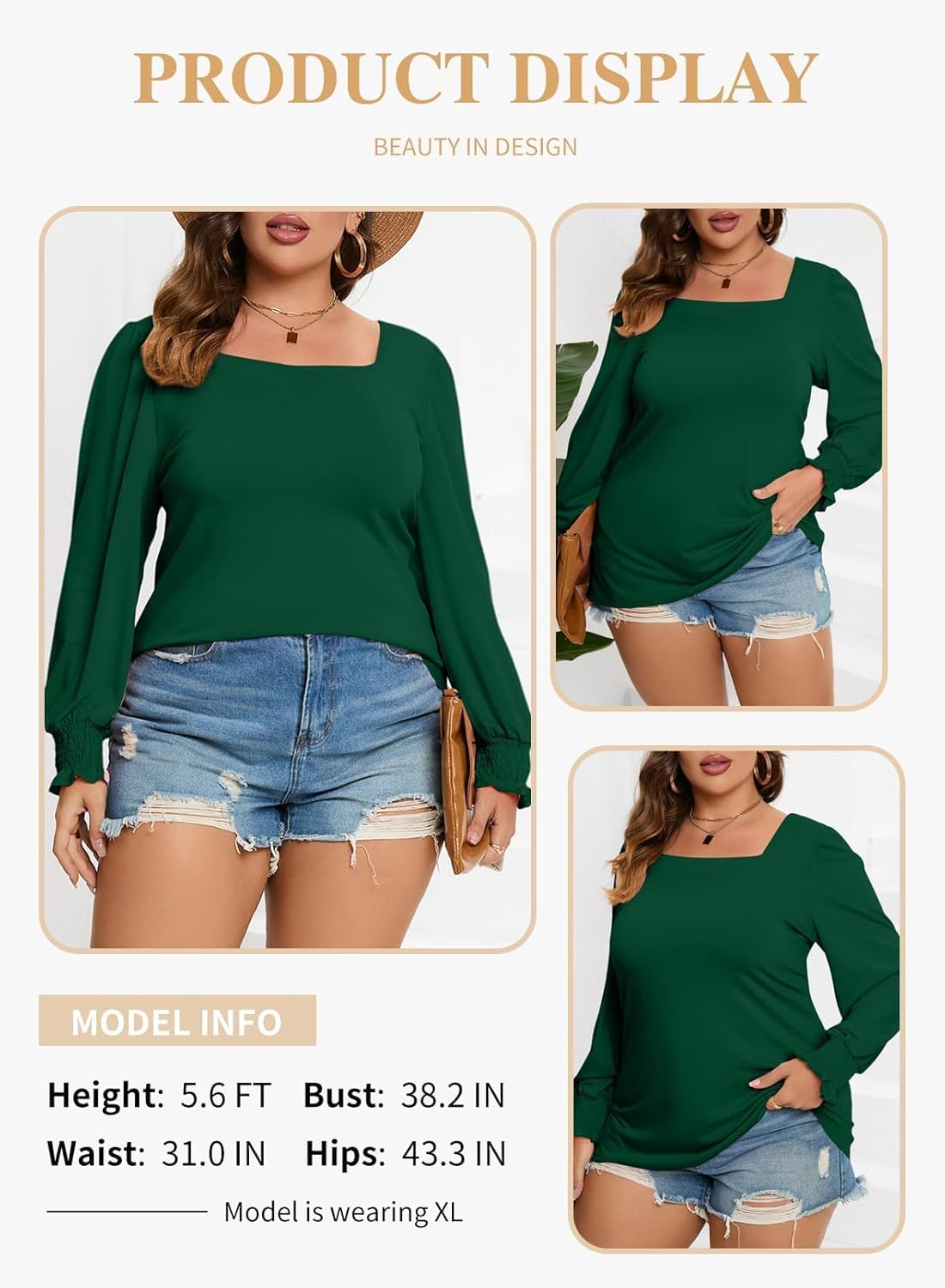 Eytino Womens Plus Size Fall Tops Square Neck Puff Long Sleeve Casual Loose Tee Shirts(1X-5X) - Image 3