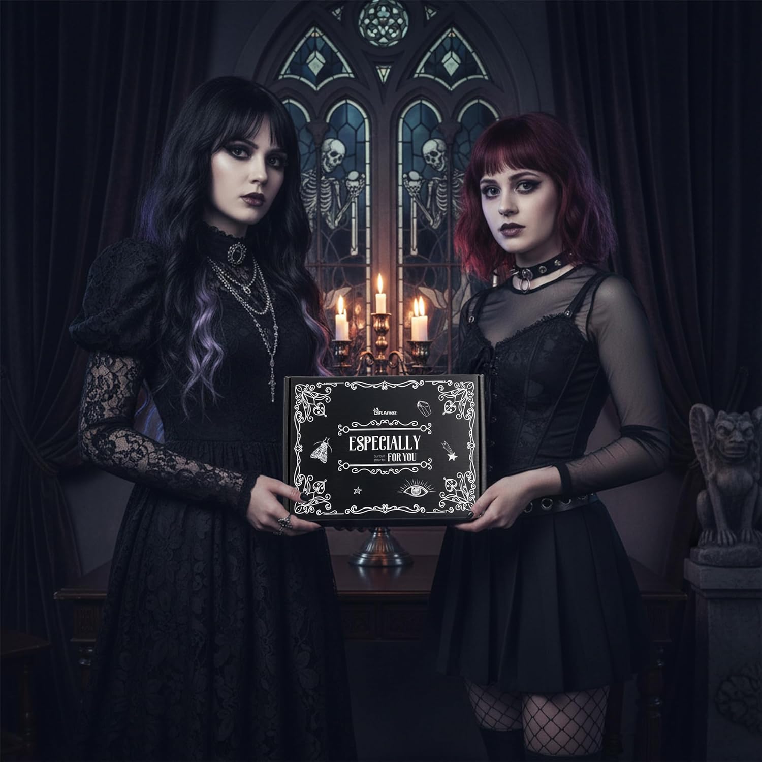 Giftamaz Gothic Gifts for Women - 12 PCS Witchy Gifts Goth Accessories with Hair Clips, Witch Canvas Tote Makeup Bag, Spooky Gifts Basket Witchy Skull Gift Box for Girls Teens Friend Gothic Lovers