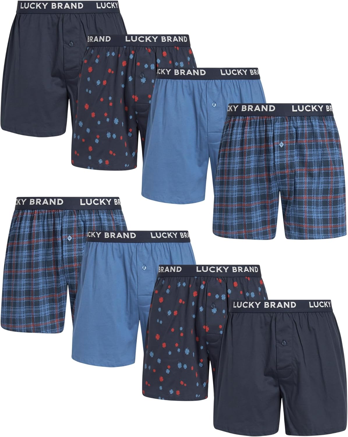 Lucky Brand Mens Underwear Boxer Shorts - 8 Pack Super Soft Knit 4'' Inseam Relaxed Fit Cotton Boxers for Men with Button Fly