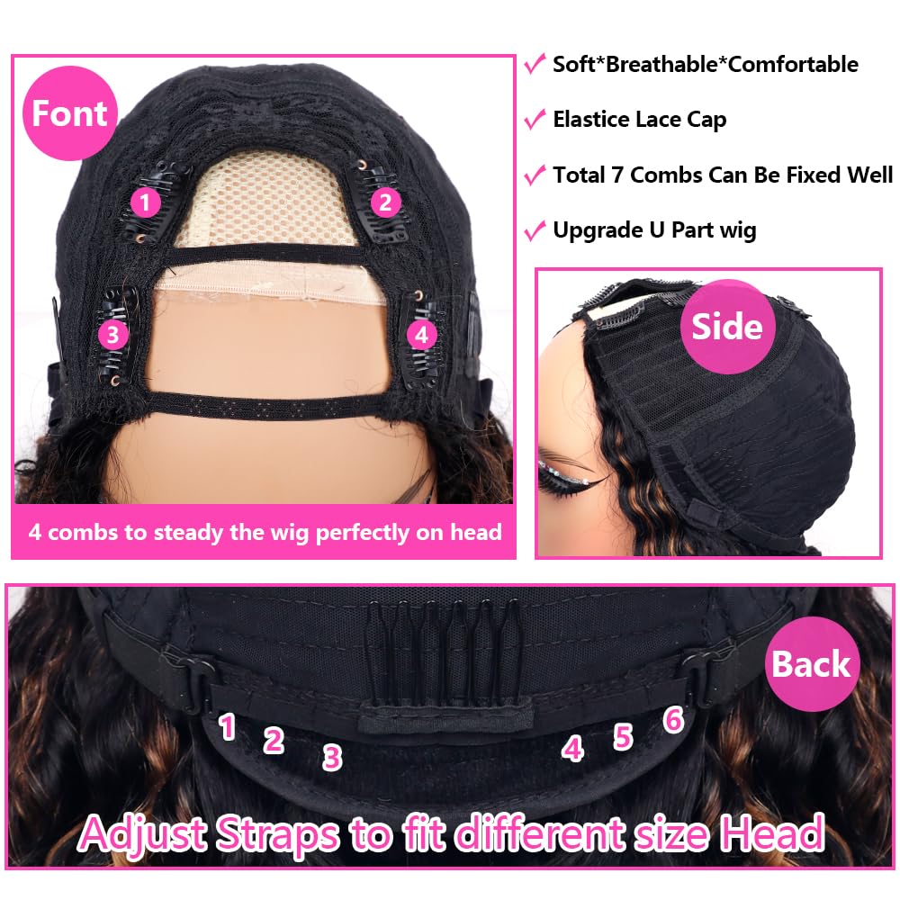 Lucasar FB30 Deep Wave U Part Human Hair Wigs for Black Women 180% Density Glueless U Shape Half Wig 180% Density Wig No Leave Out Lace Glueless Deep Curly Upgrade U Part Wigs (22 inch, FB30)