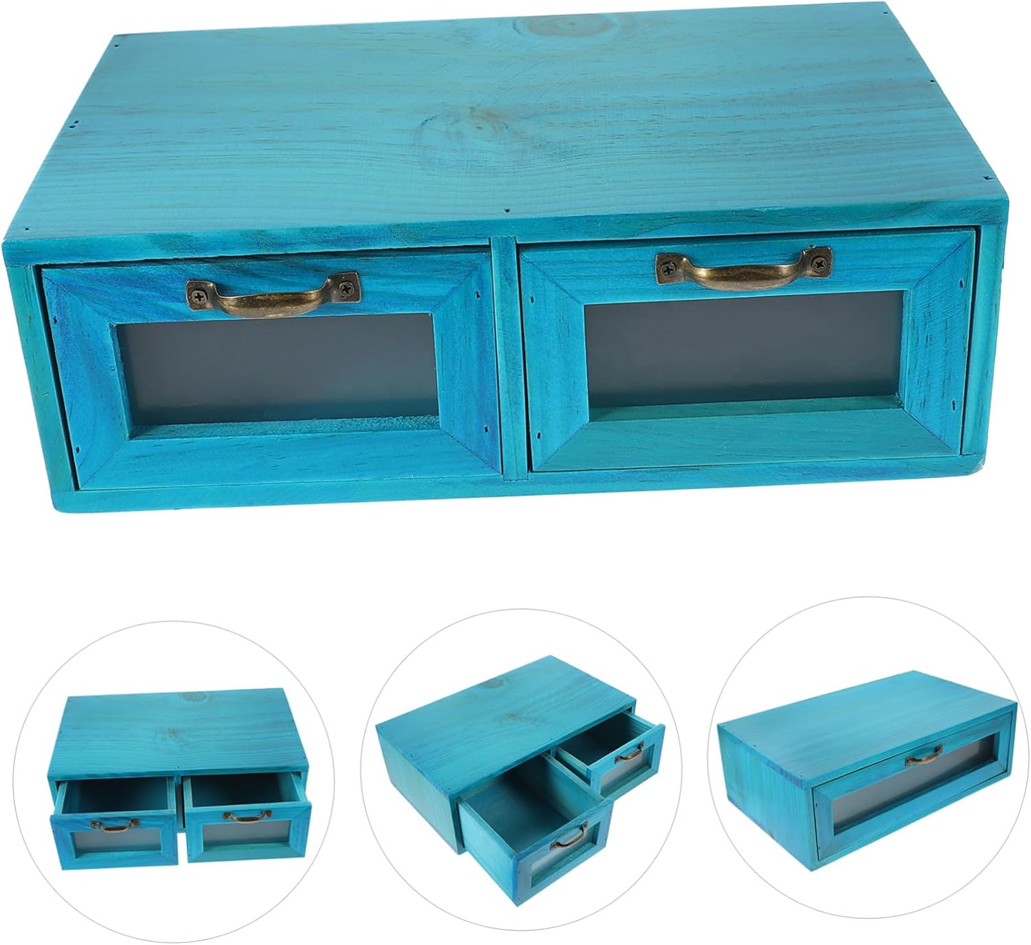 Vintage Wooden Desktop Drawer Organizer with Dual Compartments Rustic Makeup and Jewelry Storage Box Stable Mediterranean Blue Cosmetic Holder for Home and Office Desk