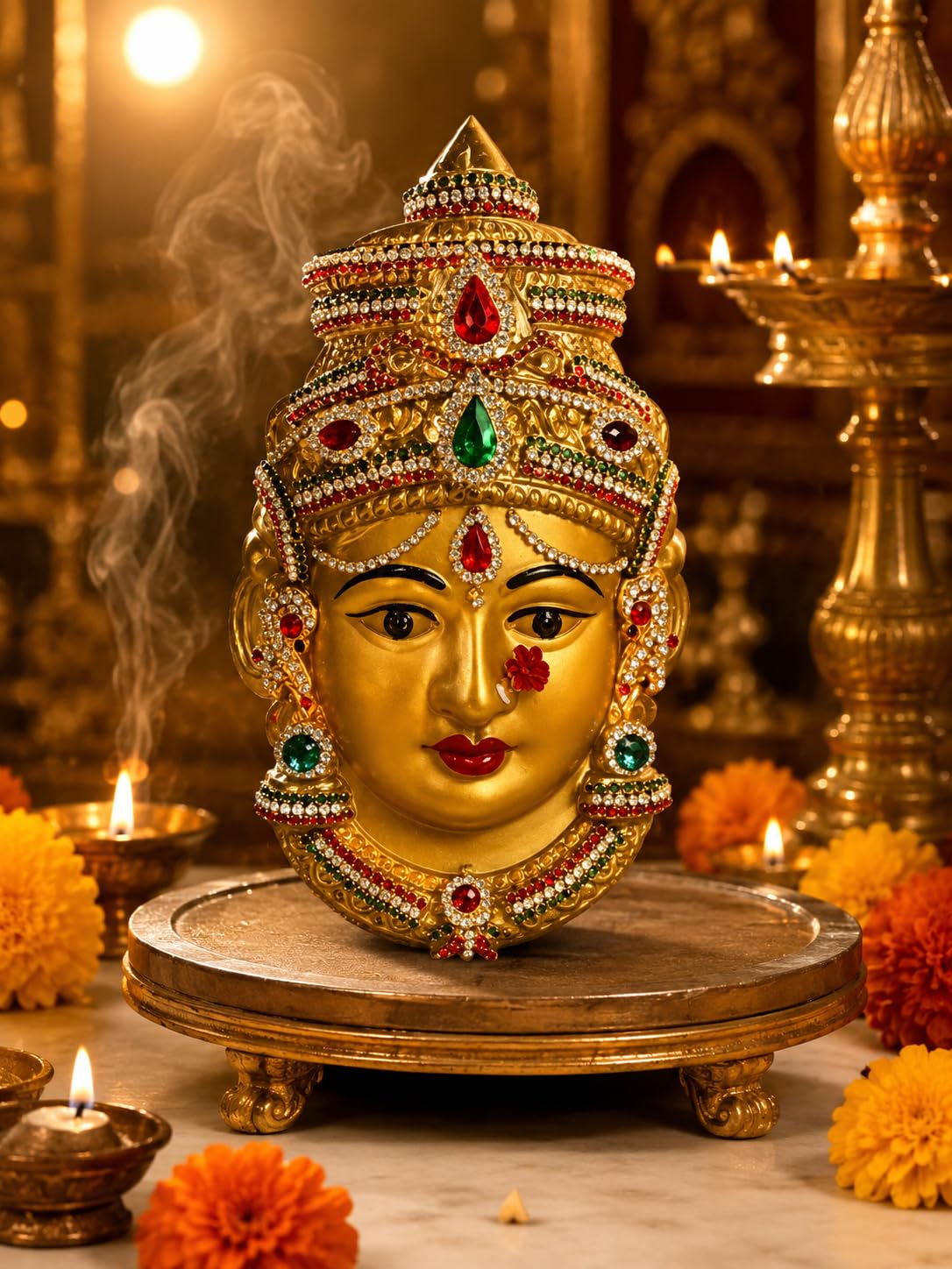 pmw - Decorated Goddess Face Idol for Pooja | Premium Gold Finish with Stone Work | Decorative Devi Mukham for Temple, Navratri, Varalakshmi Vratham & Home Mandir | Divine Wall Décor | 7 Inch-image-20